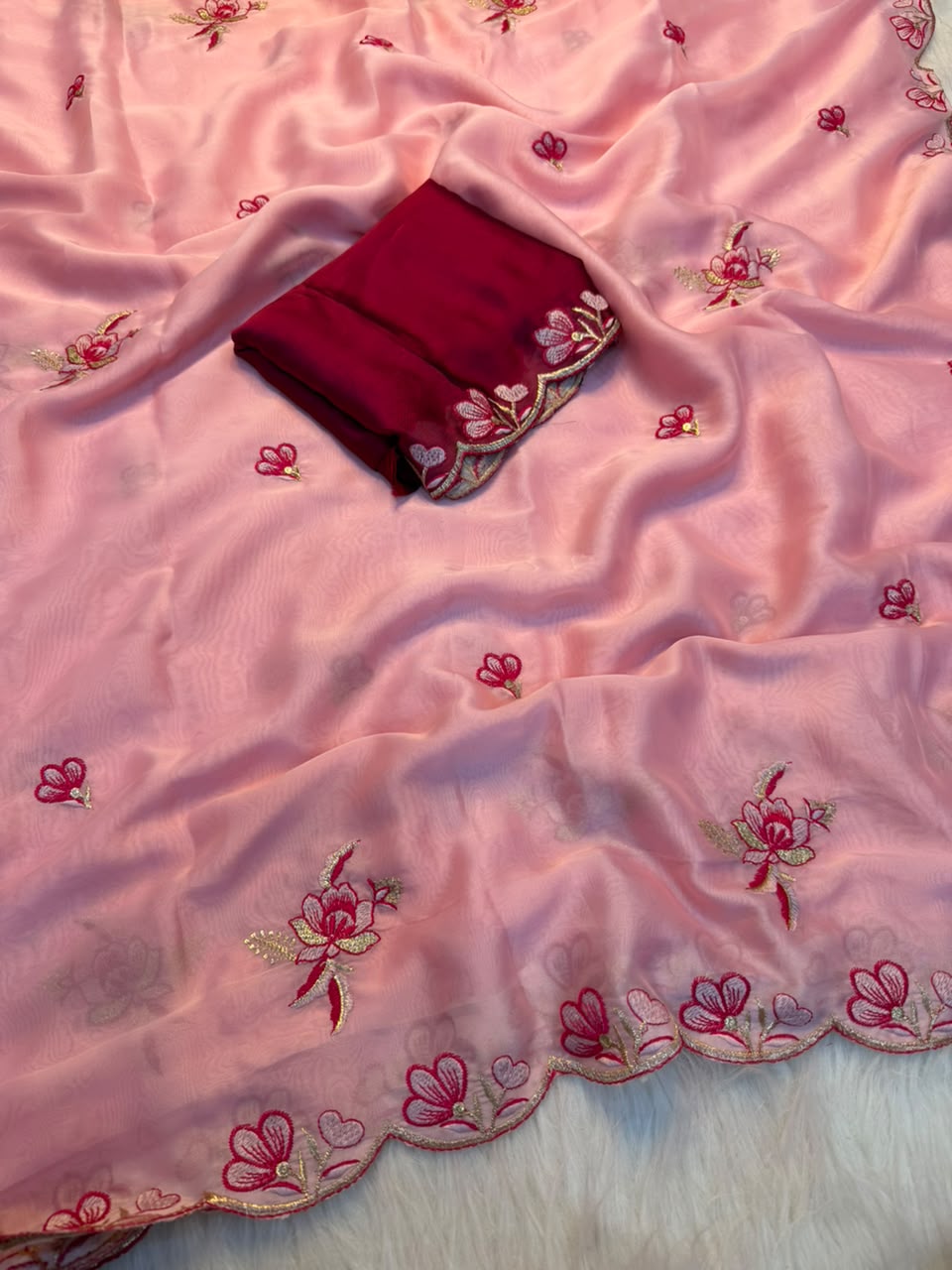 Whimsical Function Wear Soft Rangoli Silk Embriodery n Thread Work Fancy Saree With Blissfull Blouse Piece