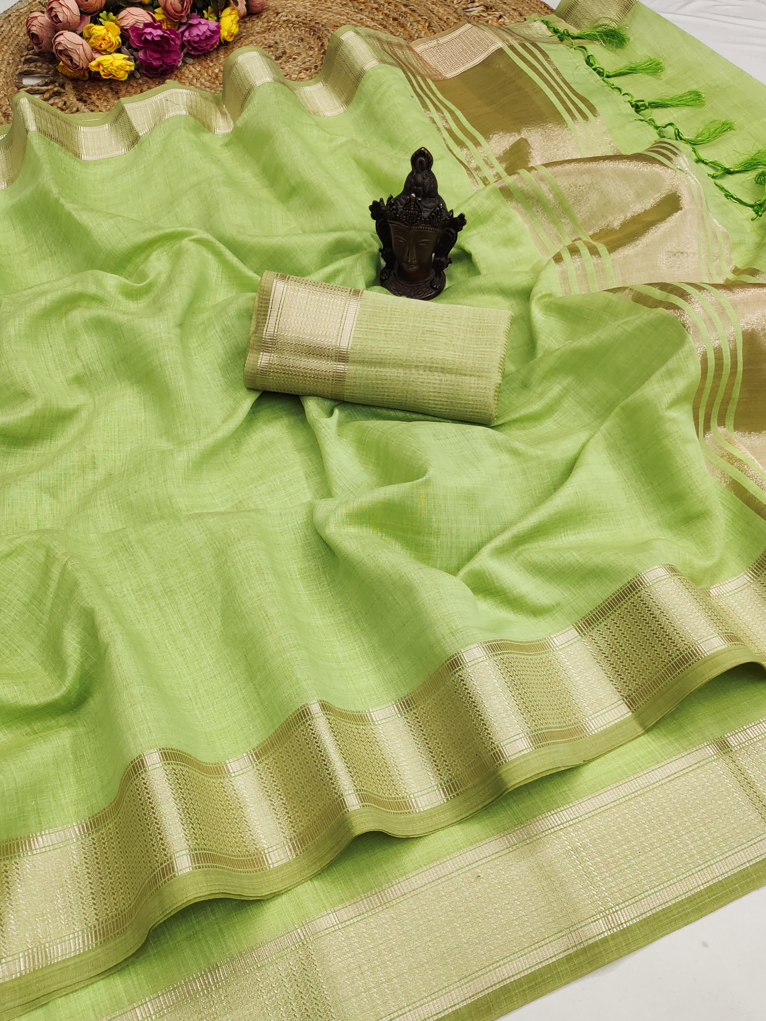 Marvellous Function Wear Soft Cotton Zari Weaving Border Rich Pallu Fancy Saree With Blouse Piece