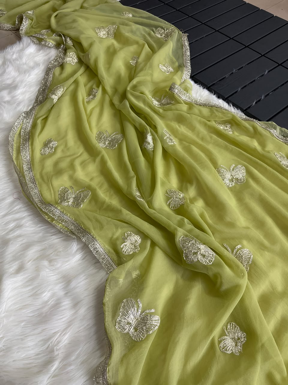 Imaginative Party Wear Georgette Embroidery Work Butterfly Design Saree With Blouse Piece