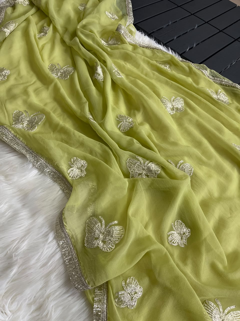 Imaginative Party Wear Georgette Embroidery Work Butterfly Design Saree With Blouse Piece