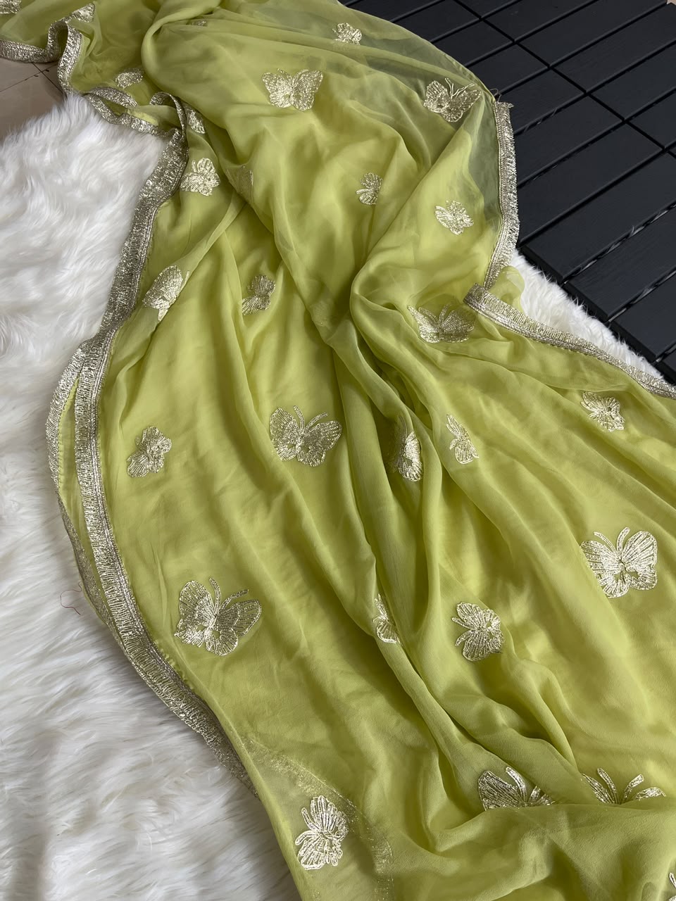 Imaginative Party Wear Georgette Embroidery Work Butterfly Design Saree With Blouse Piece