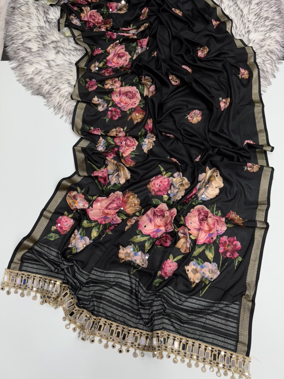 Luxurious Party Wear Pure Soft Silk Jacquard Border Rich Pallu n Mirror Work Designer Saree With Blissful Blouse Piece