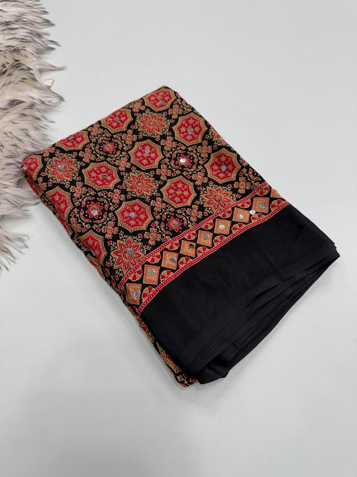 Desiring Function Wear Satin Silk Ajrak Printed Rich Pallu n Mirror Work  Fancy Saree With Blouse Piece