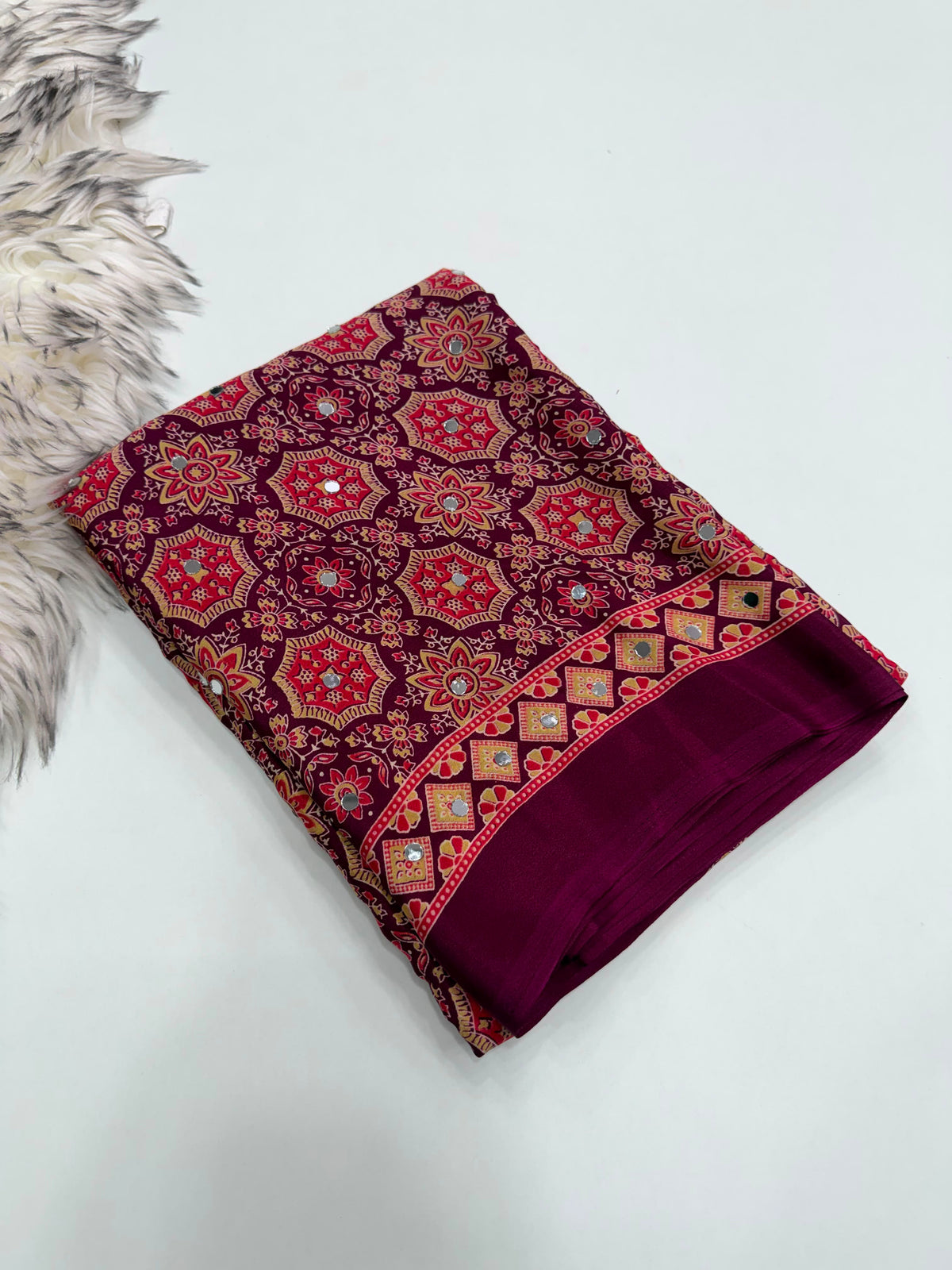 Desiring Function Wear Satin Silk Ajrak Printed Rich Pallu n Mirror Work  Fancy Saree With Blouse Piece