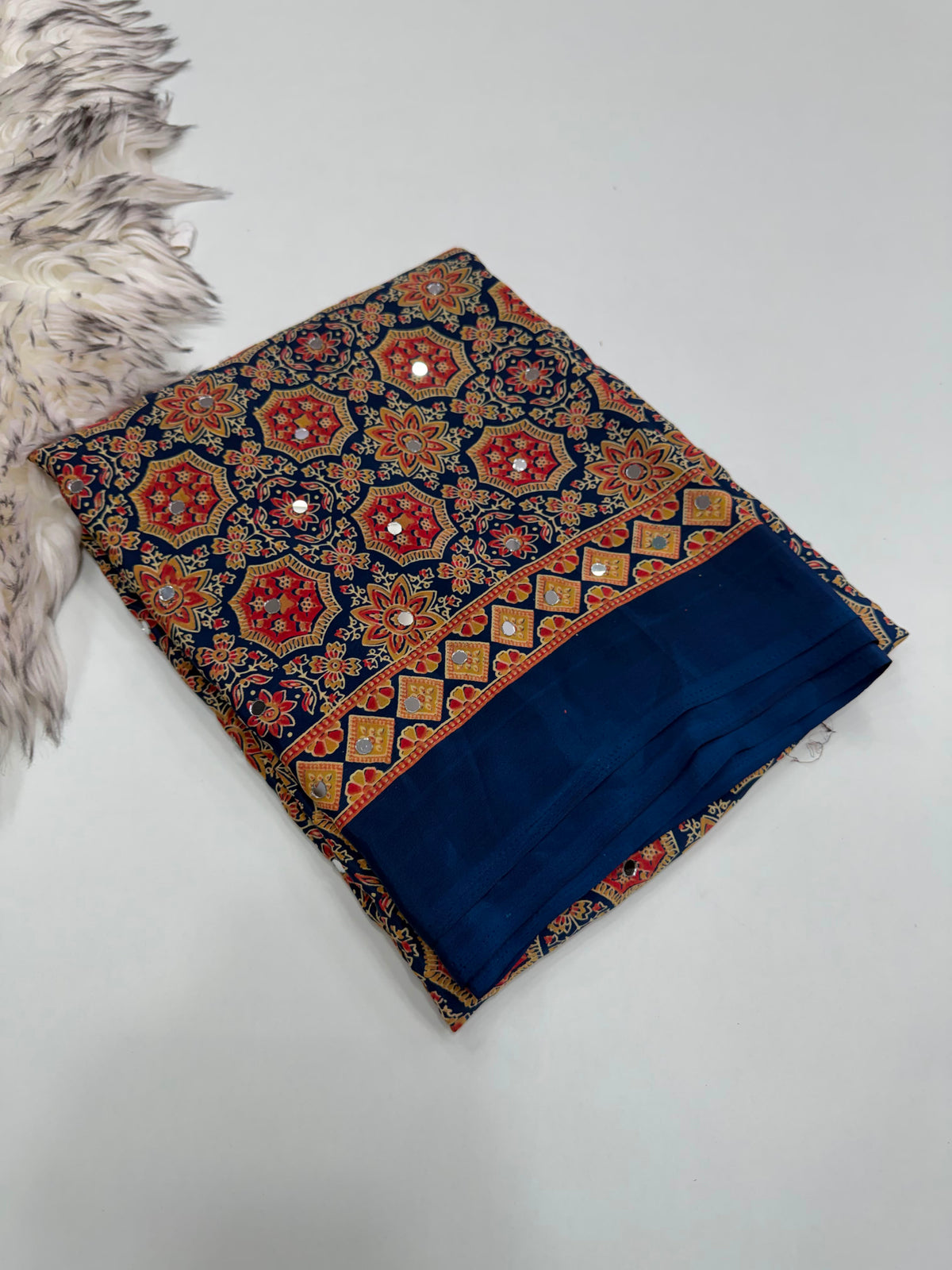 Desiring Function Wear Satin Silk Ajrak Printed Rich Pallu n Mirror Work  Fancy Saree With Blouse Piece