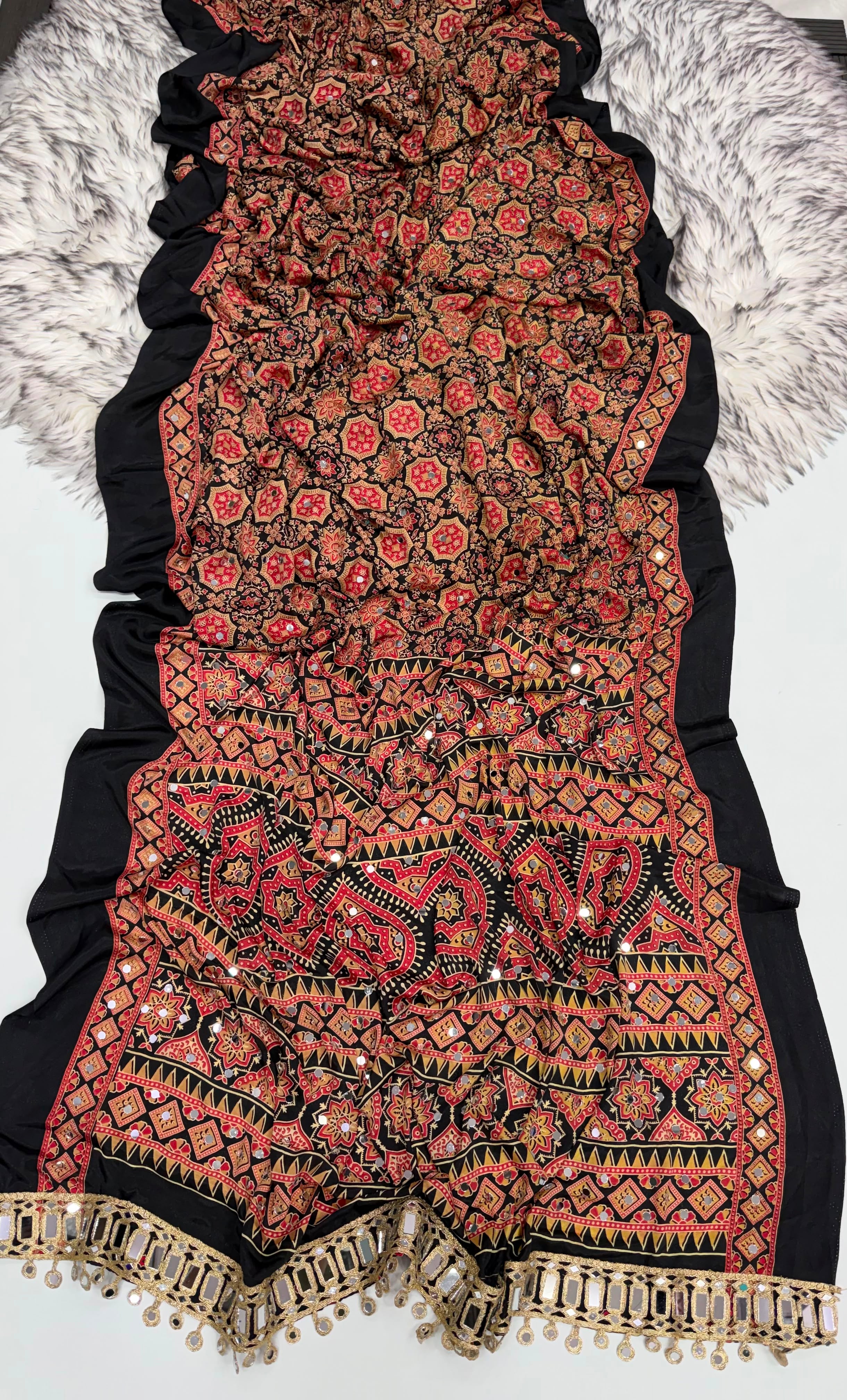 Desiring Function Wear Satin Silk Ajrak Printed Rich Pallu n Mirror Work  Fancy Saree With Blouse Piece