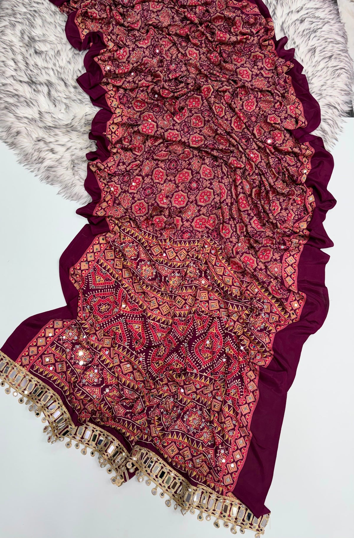 Desiring Function Wear Satin Silk Ajrak Printed Rich Pallu n Mirror Work  Fancy Saree With Blouse Piece