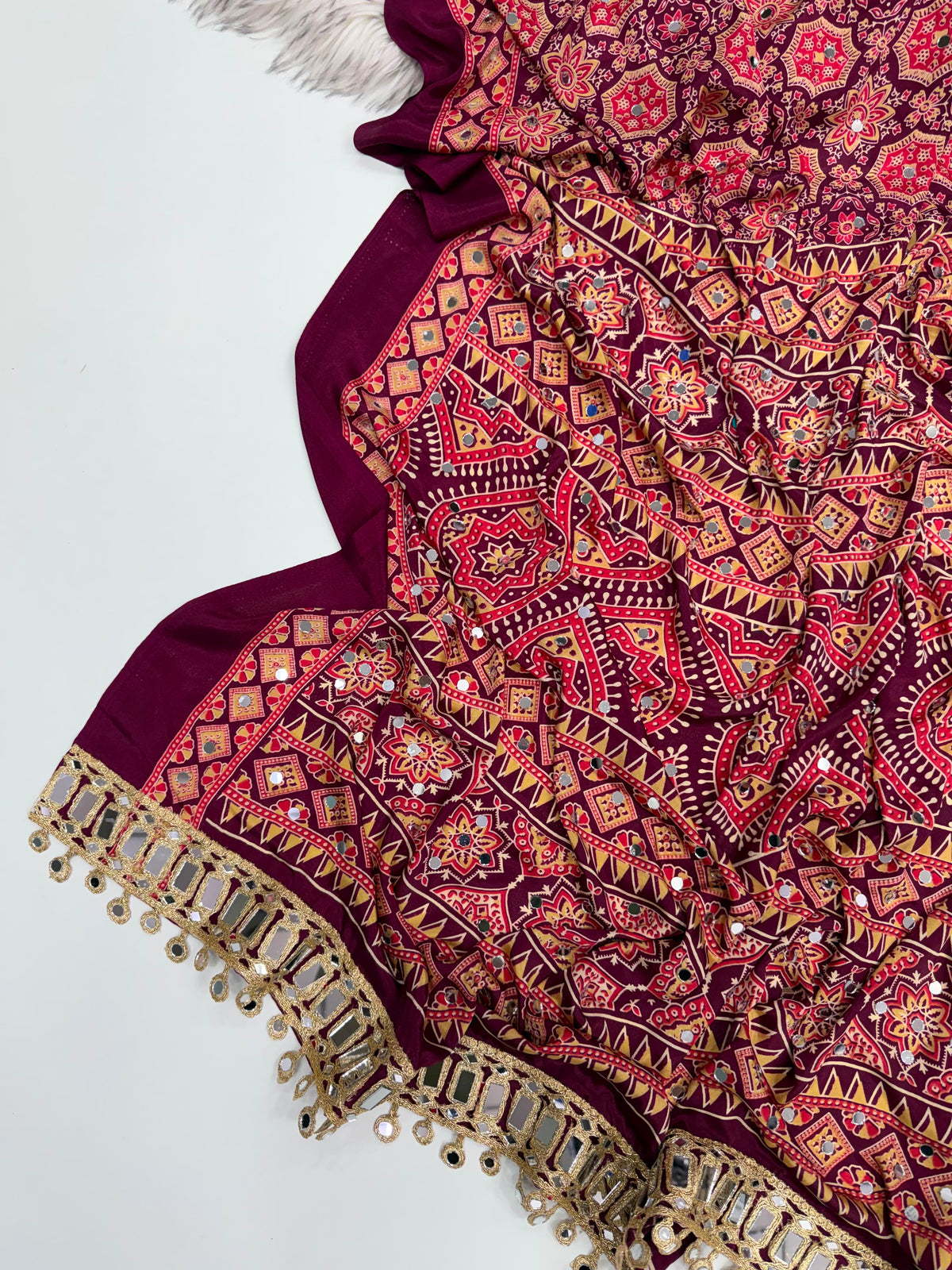 Desiring Function Wear Satin Silk Ajrak Printed Rich Pallu n Mirror Work  Fancy Saree With Blouse Piece