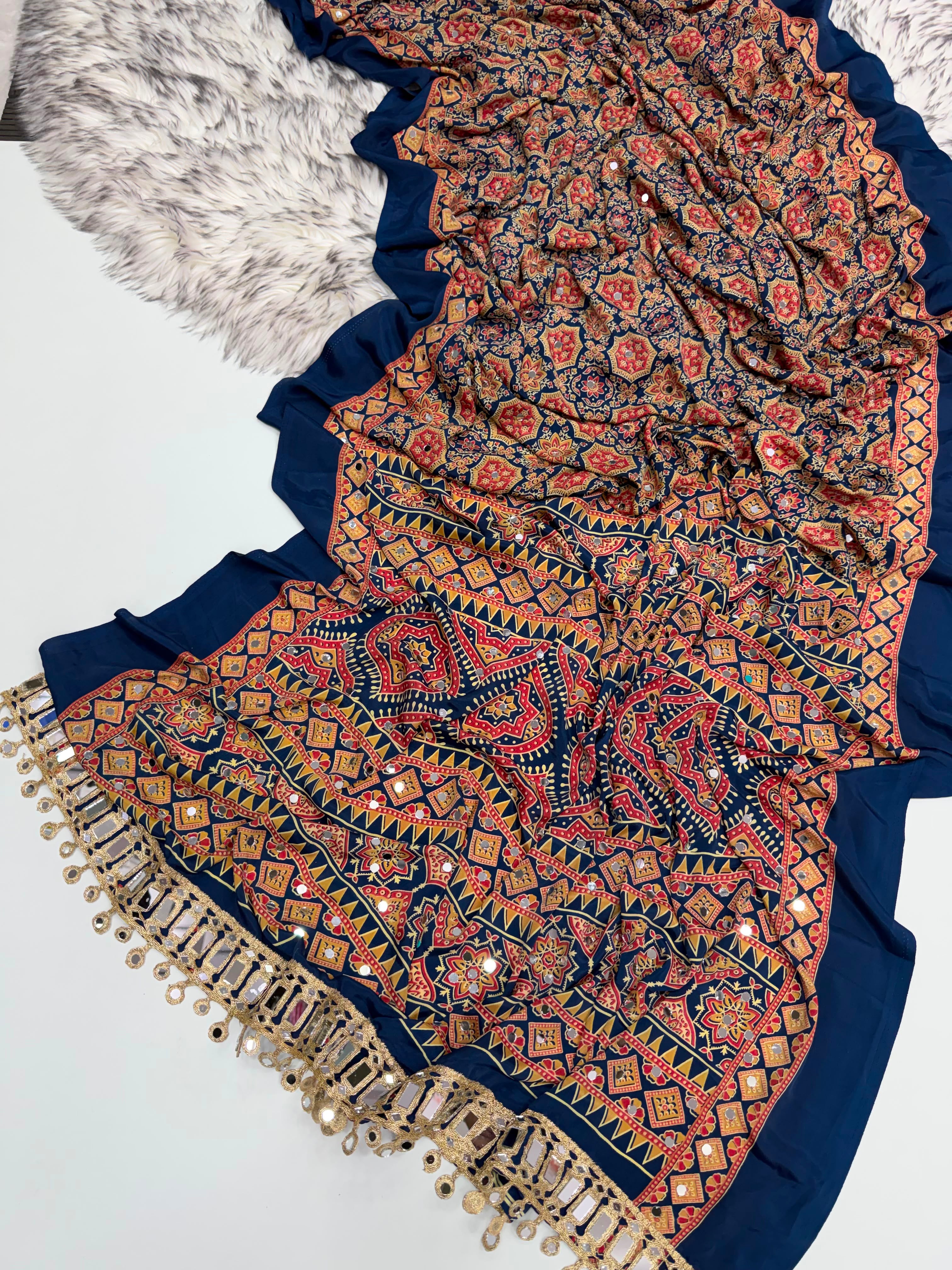 Desiring Function Wear Satin Silk Ajrak Printed Rich Pallu n Mirror Work  Fancy Saree With Blouse Piece
