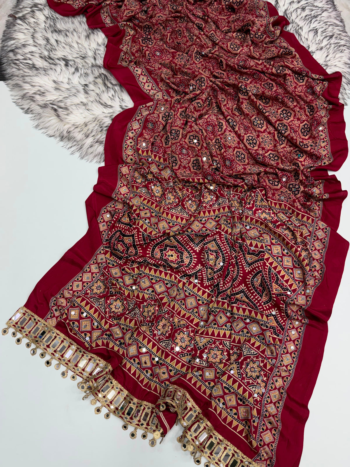 Desiring Function Wear Satin Silk Ajrak Printed Rich Pallu n Mirror Work  Fancy Saree With Blouse Piece