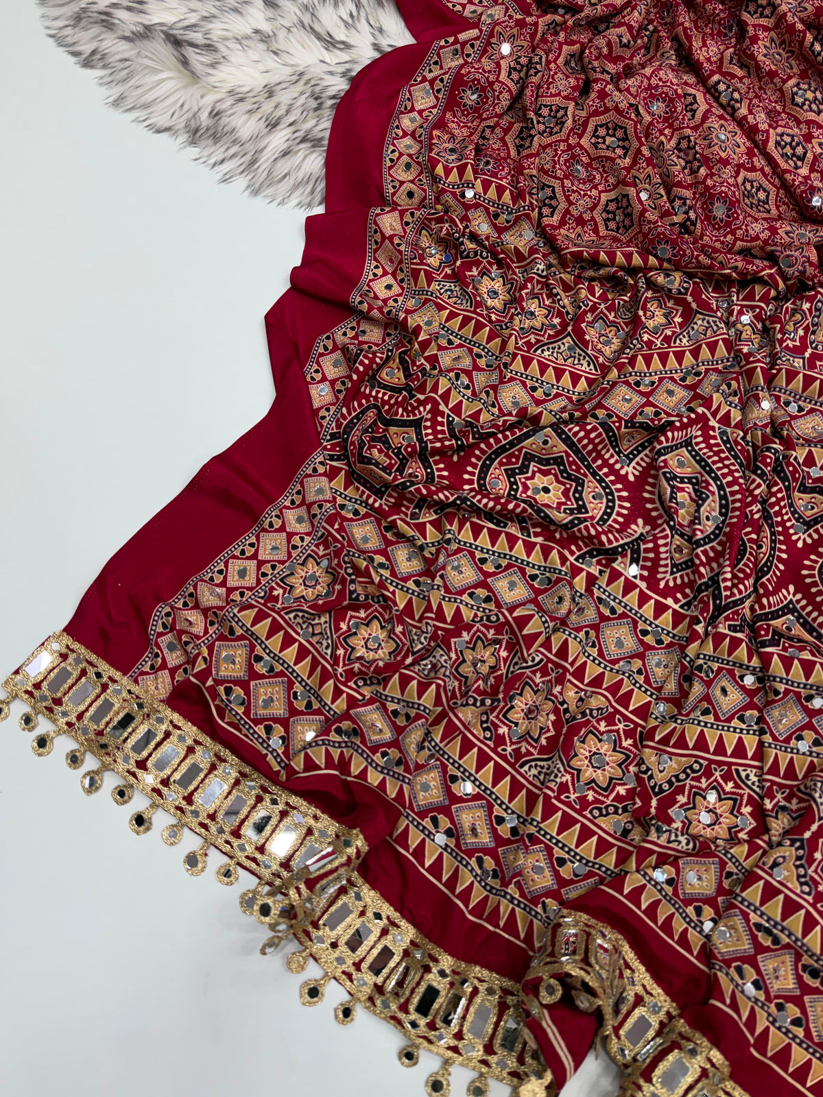 Desiring Function Wear Satin Silk Ajrak Printed Rich Pallu n Mirror Work  Fancy Saree With Blouse Piece