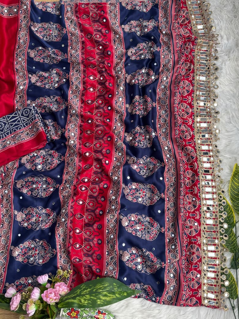 Regal Wedding Wear Soft Silk Ajrak Printed Rich Pallu n Mirror Work Designer Saree With Blissful Blouse Piece