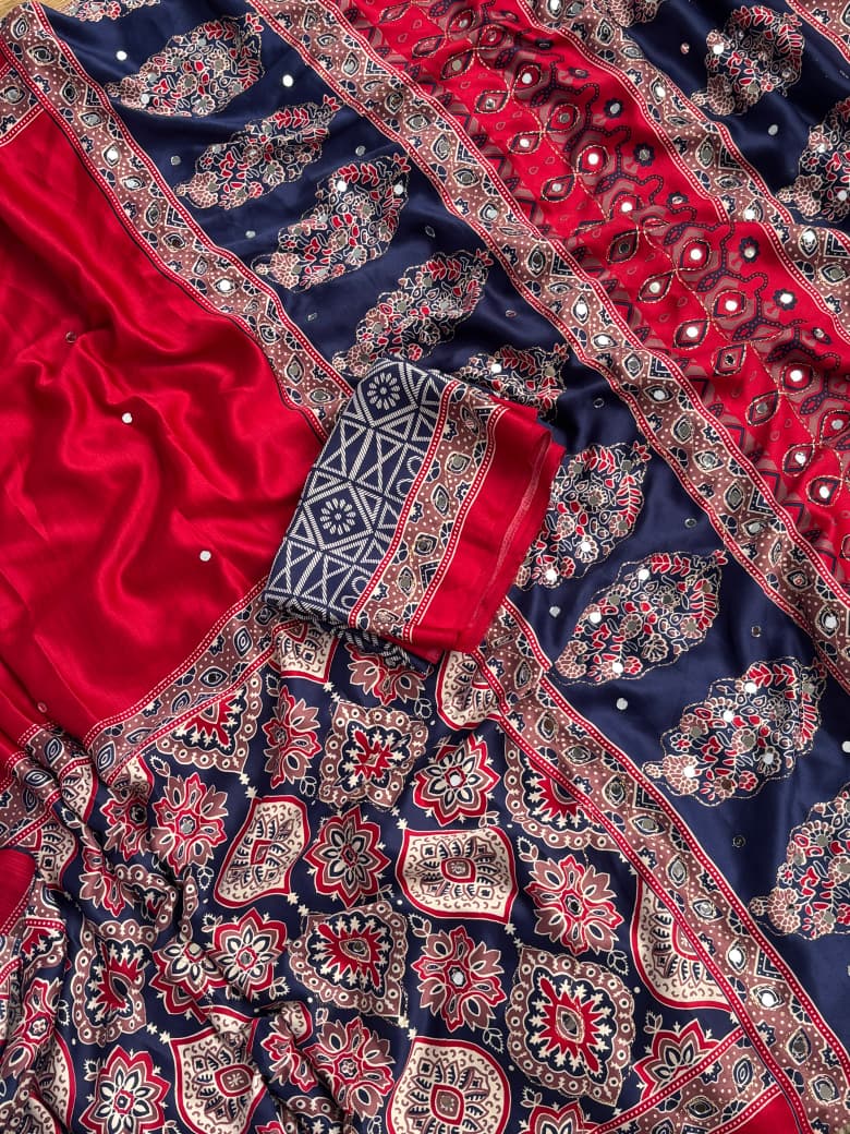 Regal Wedding Wear Soft Silk Ajrak Printed Rich Pallu n Mirror Work Designer Saree With Blissful Blouse Piece