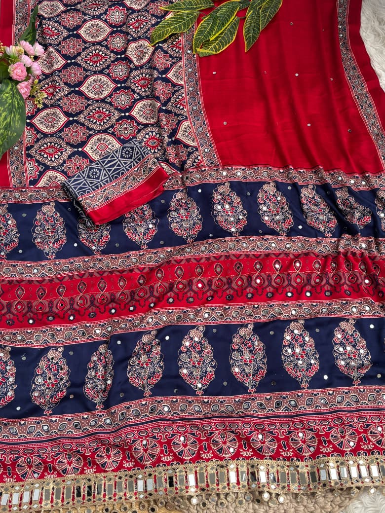 Regal Wedding Wear Soft Silk Ajrak Printed Rich Pallu n Mirror Work Designer Saree With Blissful Blouse Piece
