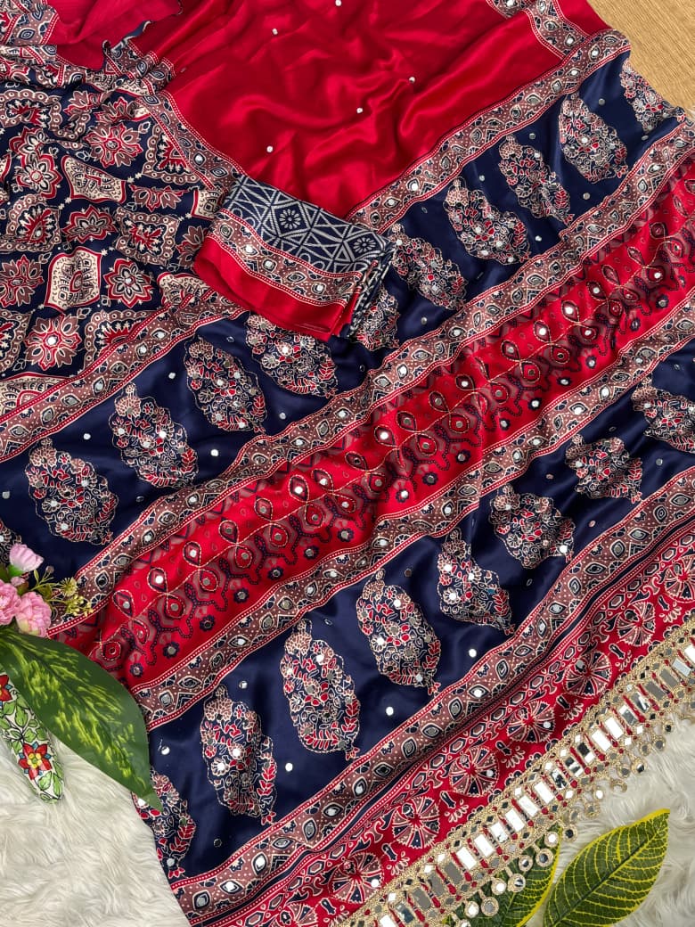 Regal Wedding Wear Soft Silk Ajrak Printed Rich Pallu n Mirror Work Designer Saree With Blissful Blouse Piece