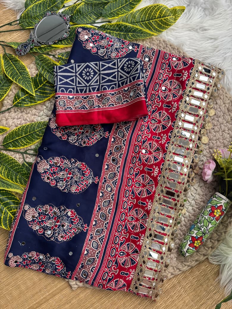 Regal Wedding Wear Soft Silk Ajrak Printed Rich Pallu n Mirror Work Designer Saree With Blissful Blouse Piece