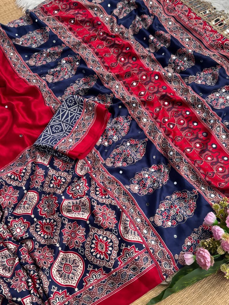 Regal Wedding Wear Soft Silk Ajrak Printed Rich Pallu n Mirror Work Designer Saree With Blissful Blouse Piece