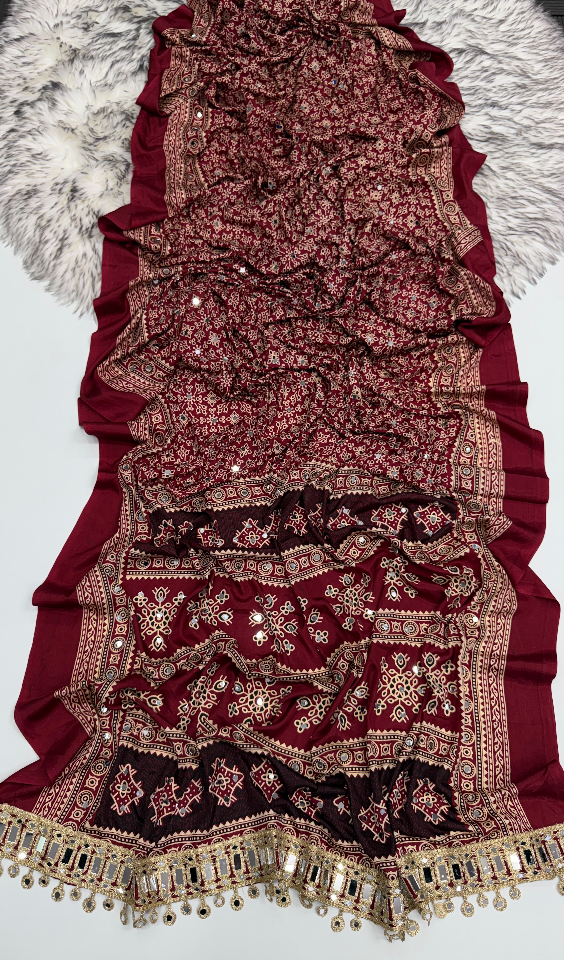 Incomparable Festive Wear Satin Silk Ajrak Printed Rich Pallu n Mirror Work  Fancy Saree