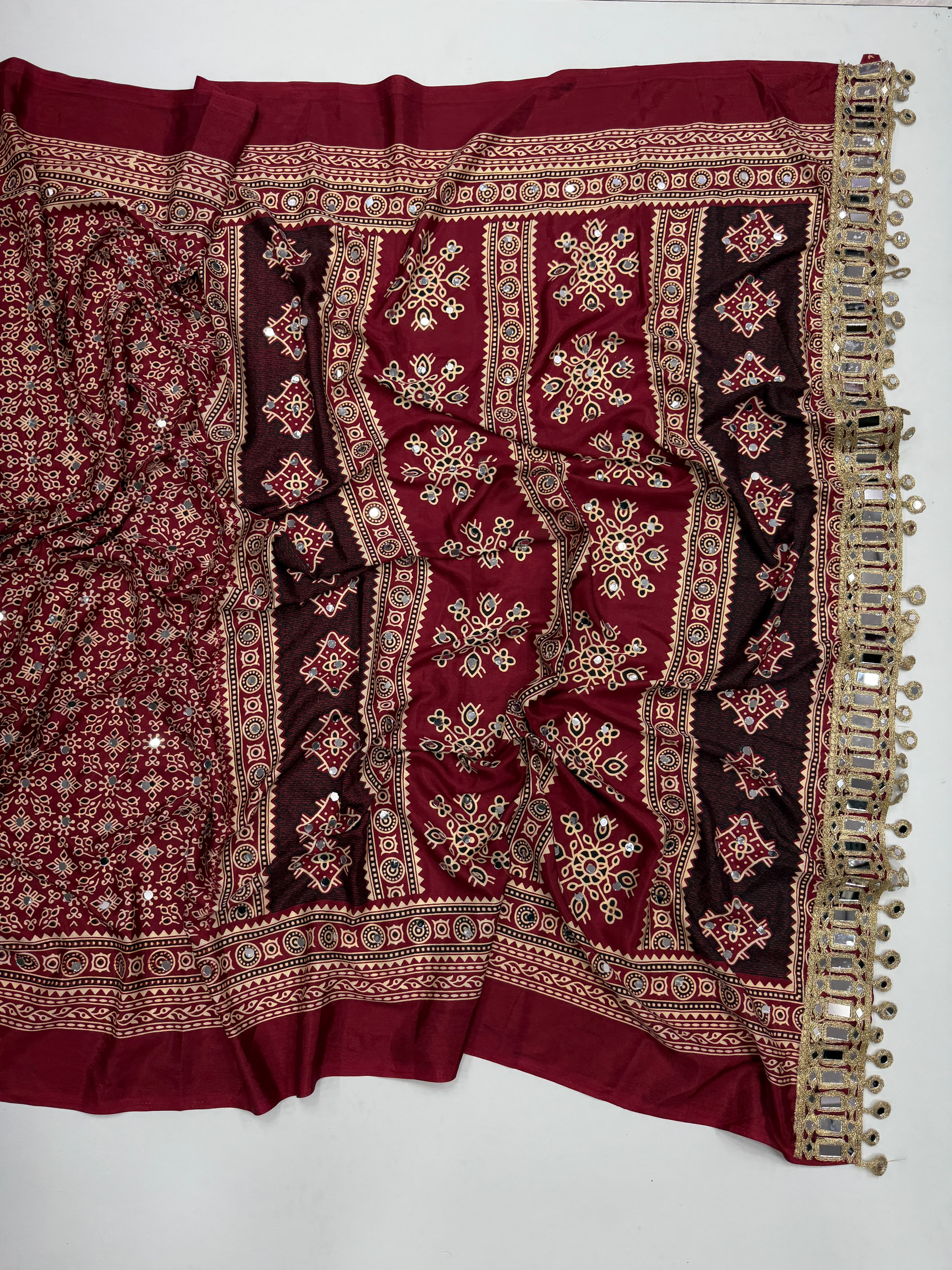 Incomparable Festive Wear Satin Silk Ajrak Printed Rich Pallu n Mirror Work  Fancy Saree