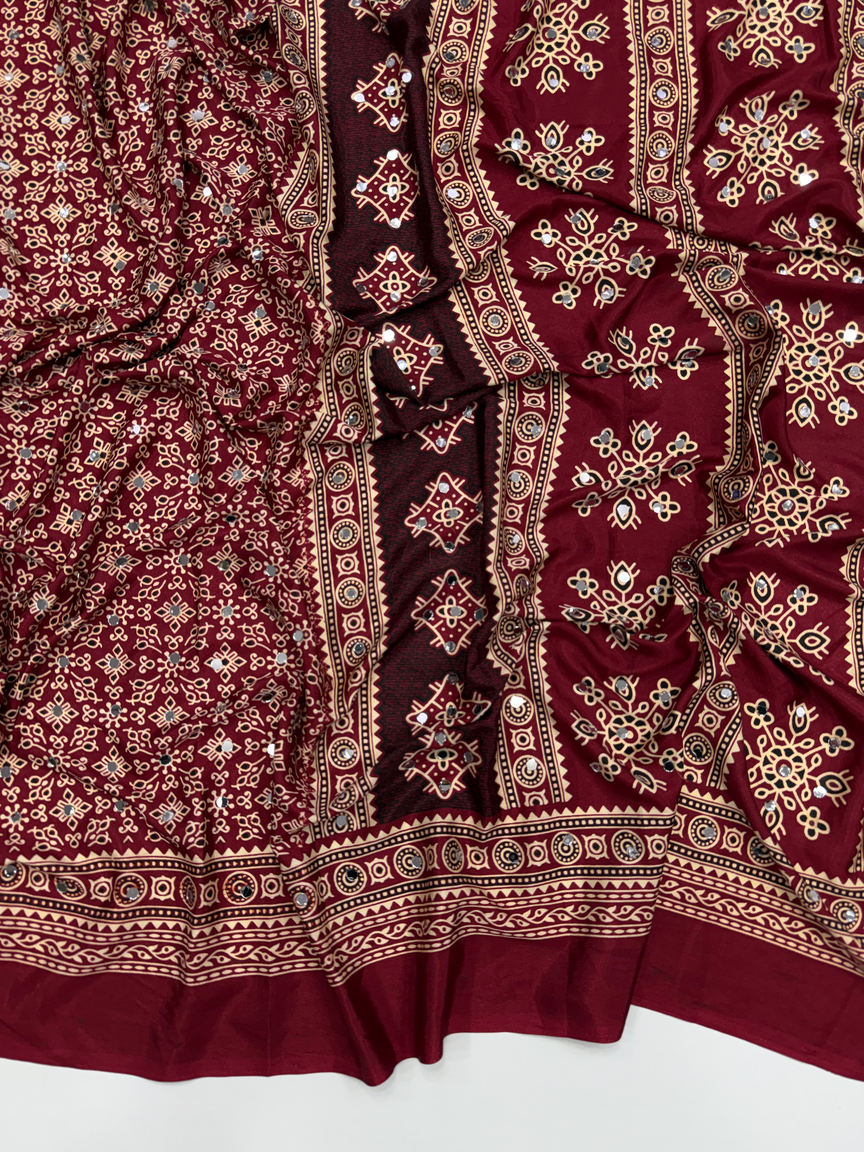 Incomparable Festive Wear Satin Silk Ajrak Printed Rich Pallu n Mirror Work  Fancy Saree