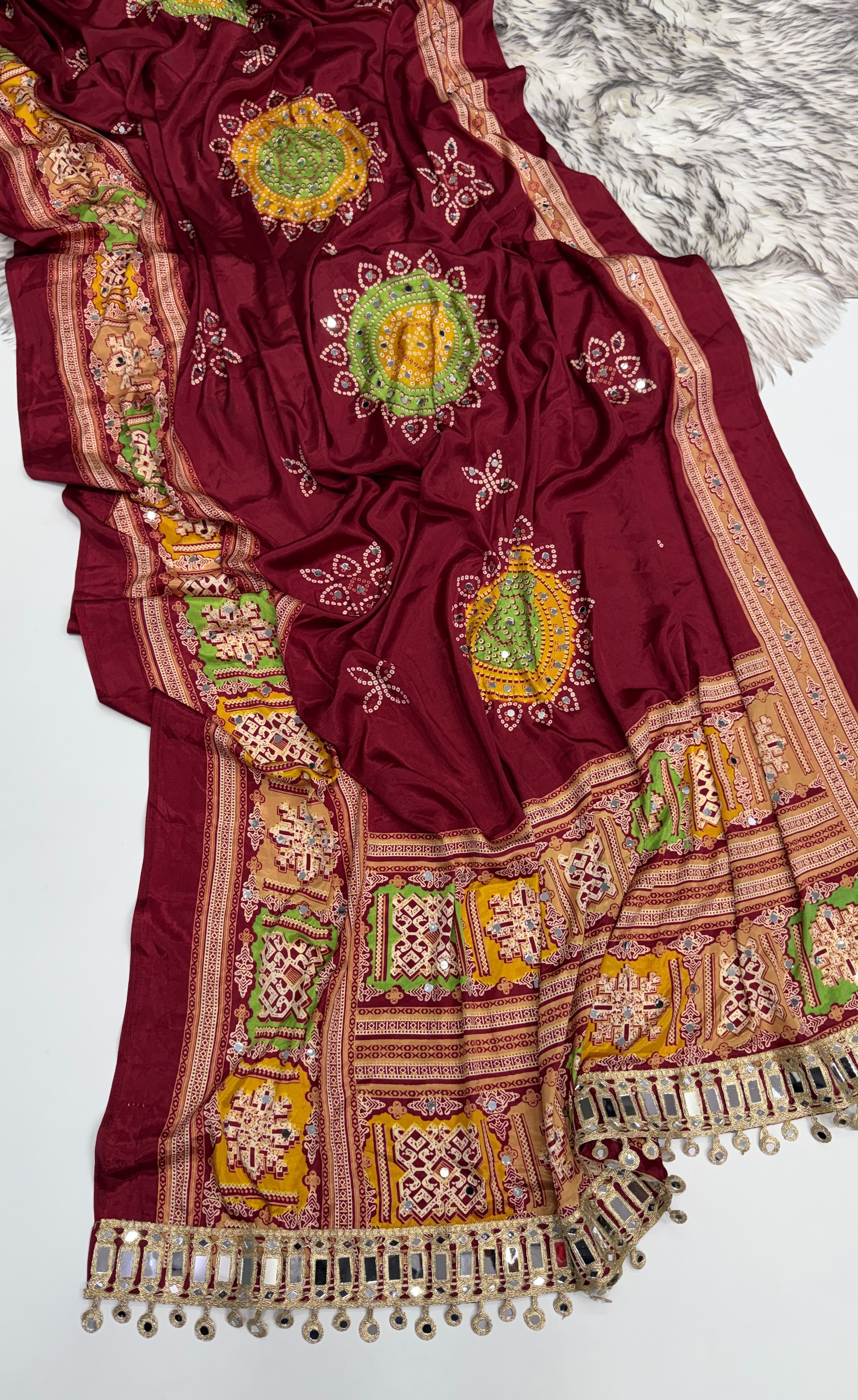 Incomparable Festive Wear Satin Silk Ajrak Printed Rich Pallu n Mirror Work  Fancy Saree