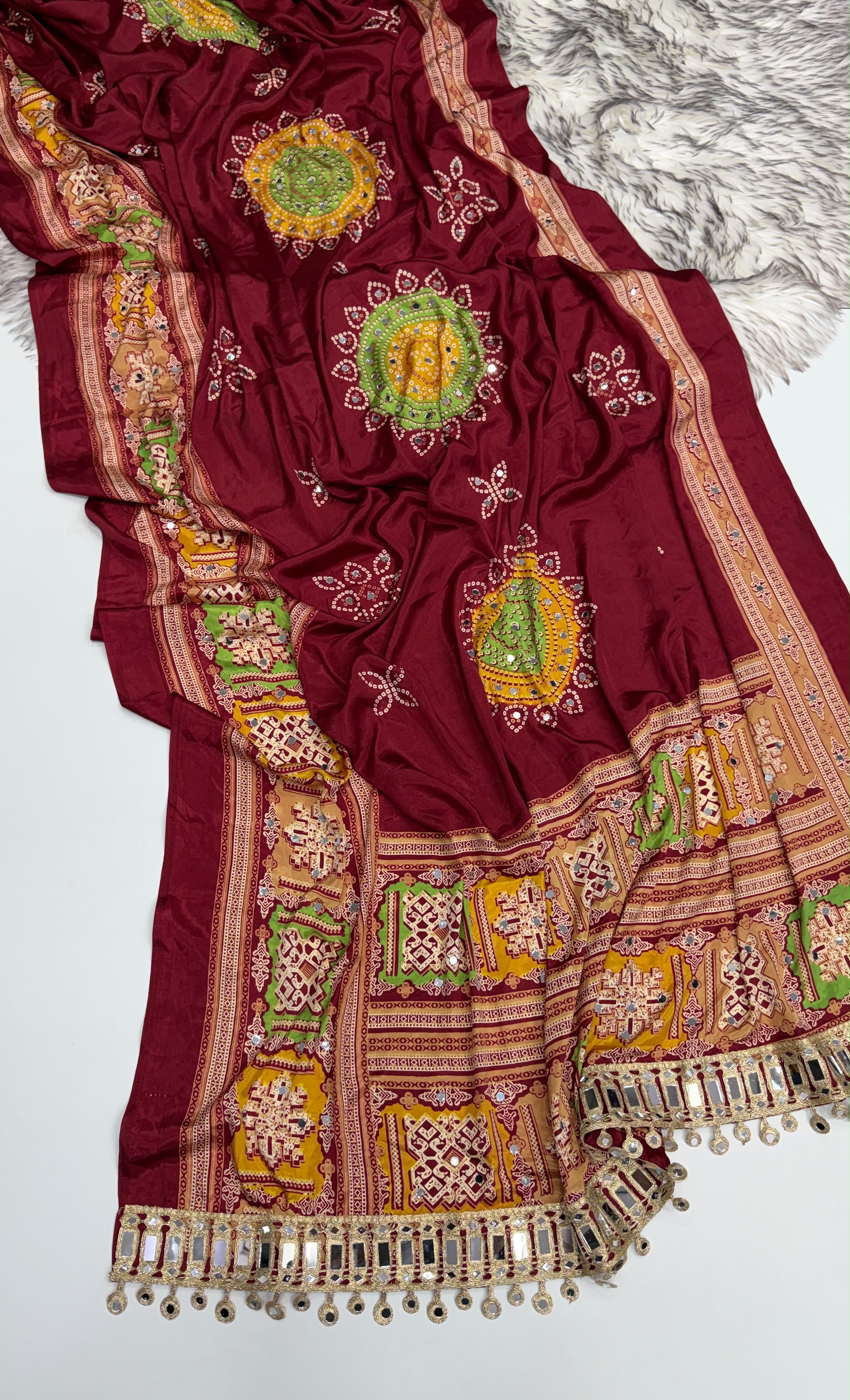 Incomparable Festive Wear Satin Silk Ajrak Printed Rich Pallu n Mirror Work  Fancy Saree