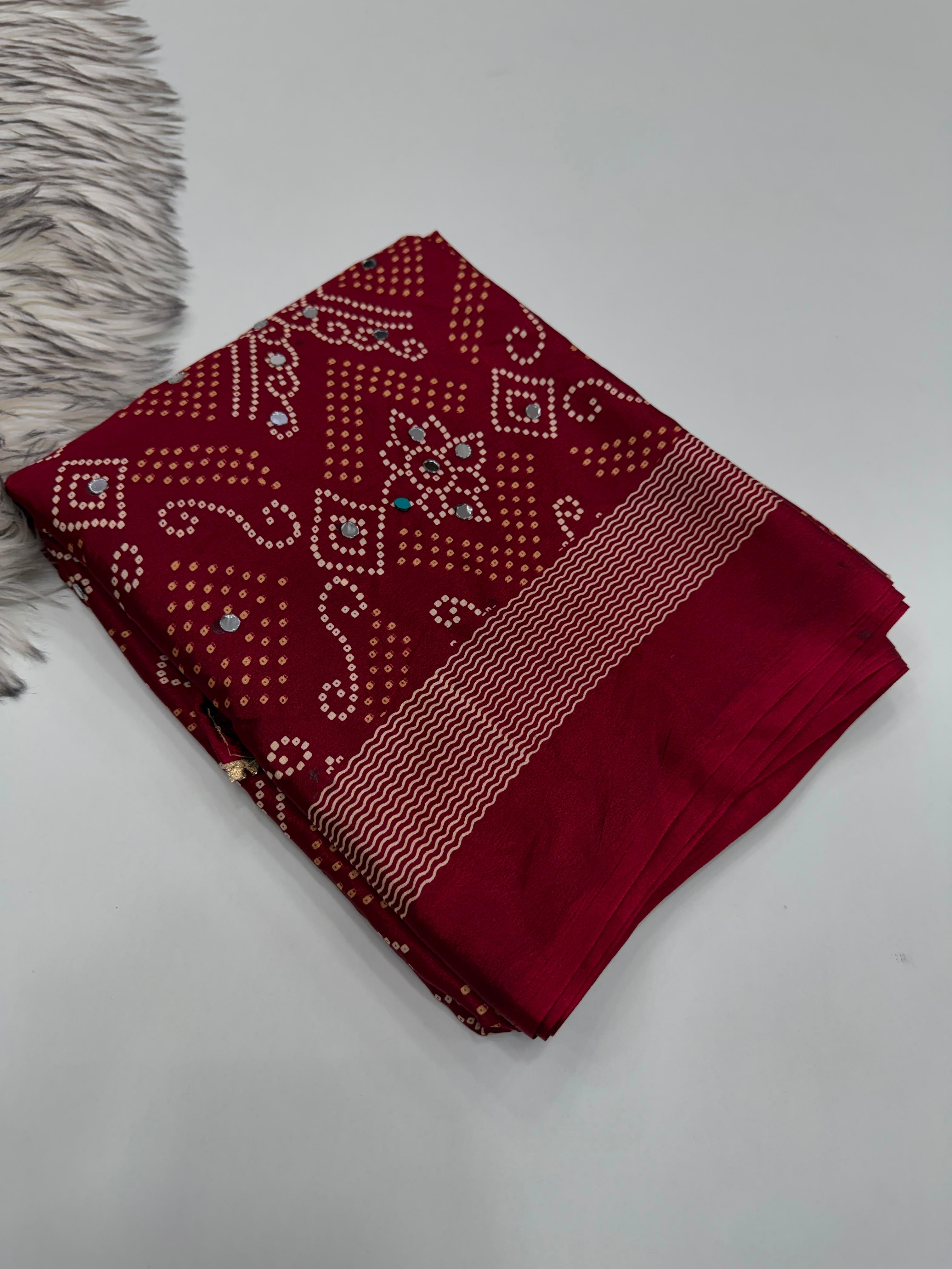 Incomparable Festive Wear Satin Silk Ajrak Printed Rich Pallu n Mirror Work  Fancy Saree