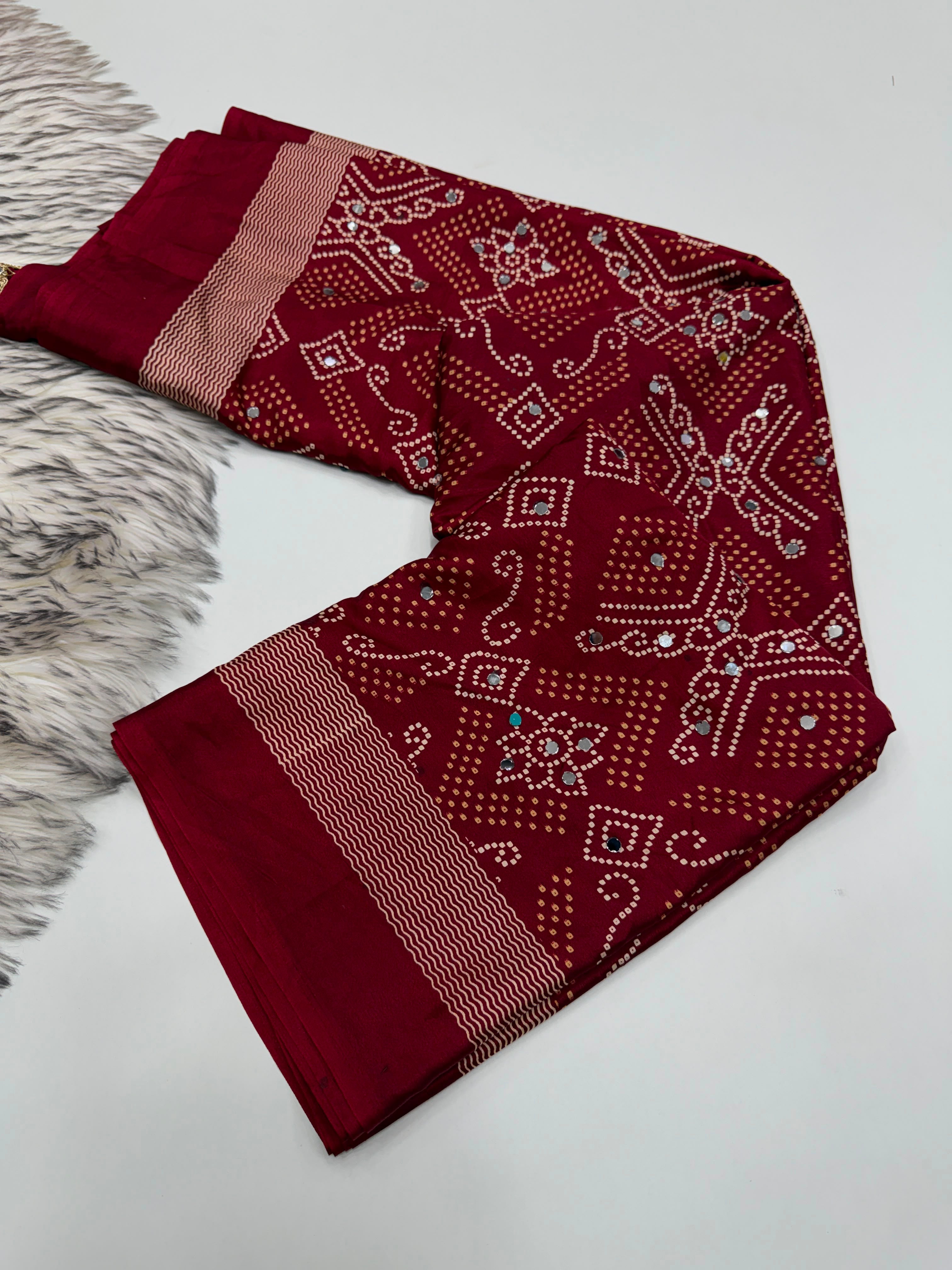 Incomparable Festive Wear Satin Silk Ajrak Printed Rich Pallu n Mirror Work  Fancy Saree