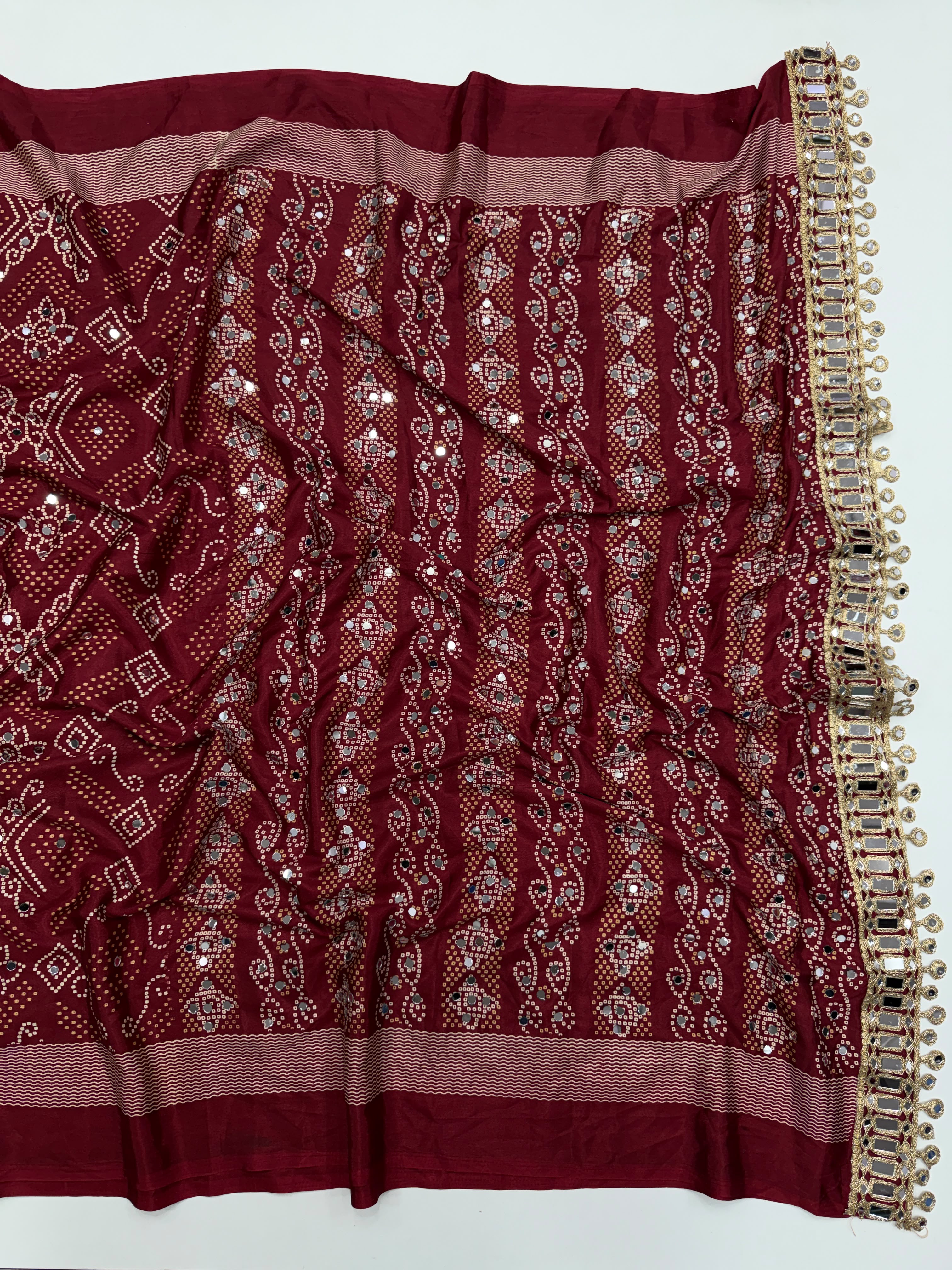 Incomparable Festive Wear Satin Silk Ajrak Printed Rich Pallu n Mirror Work  Fancy Saree