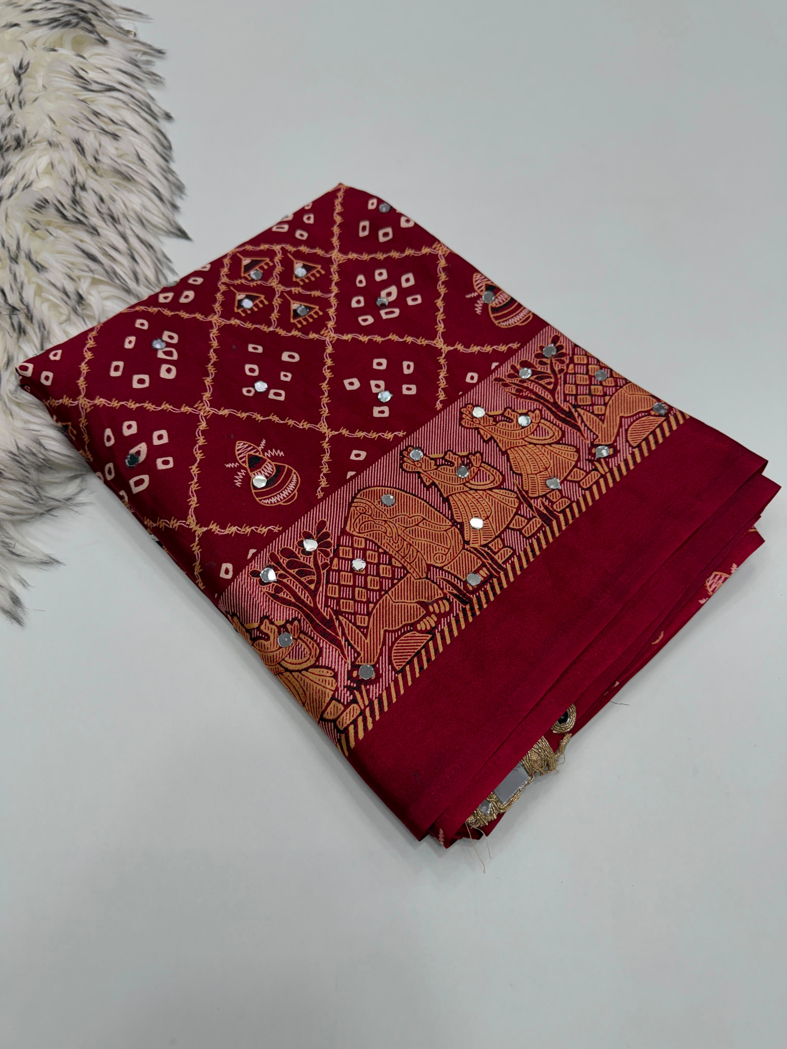 Incomparable Festive Wear Satin Silk Ajrak Printed Rich Pallu n Mirror Work  Fancy Saree