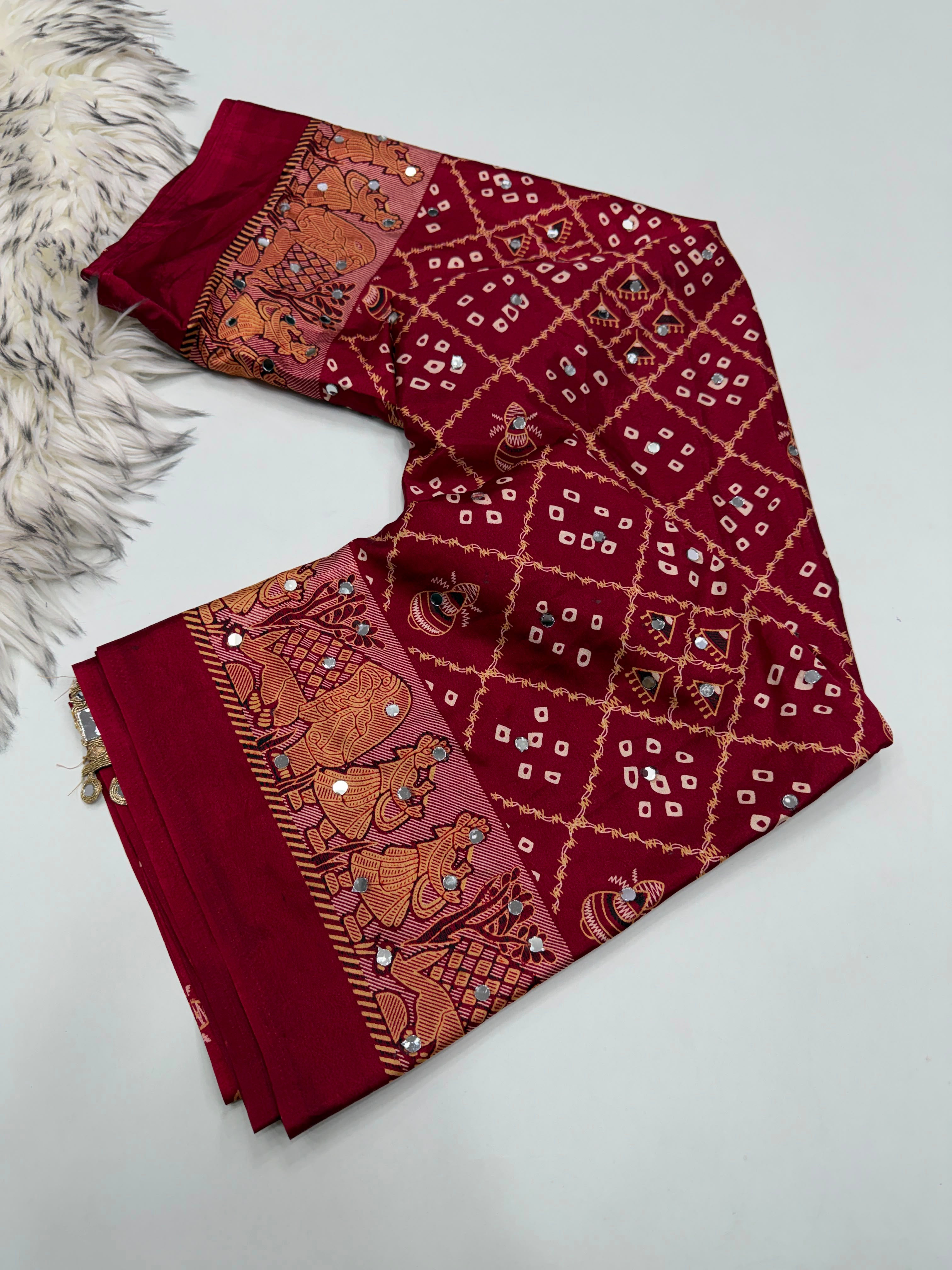 Incomparable Festive Wear Satin Silk Ajrak Printed Rich Pallu n Mirror Work  Fancy Saree