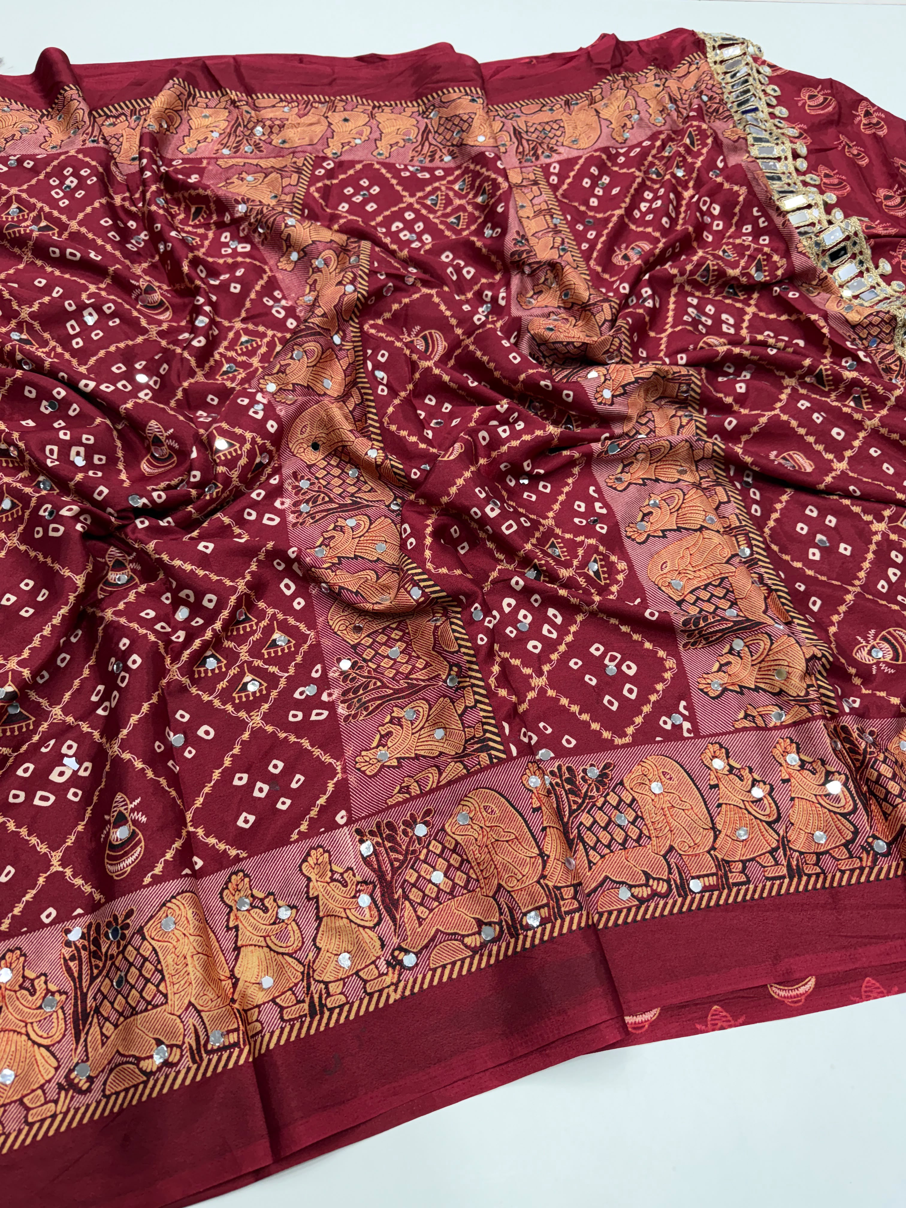 Incomparable Festive Wear Satin Silk Ajrak Printed Rich Pallu n Mirror Work  Fancy Saree