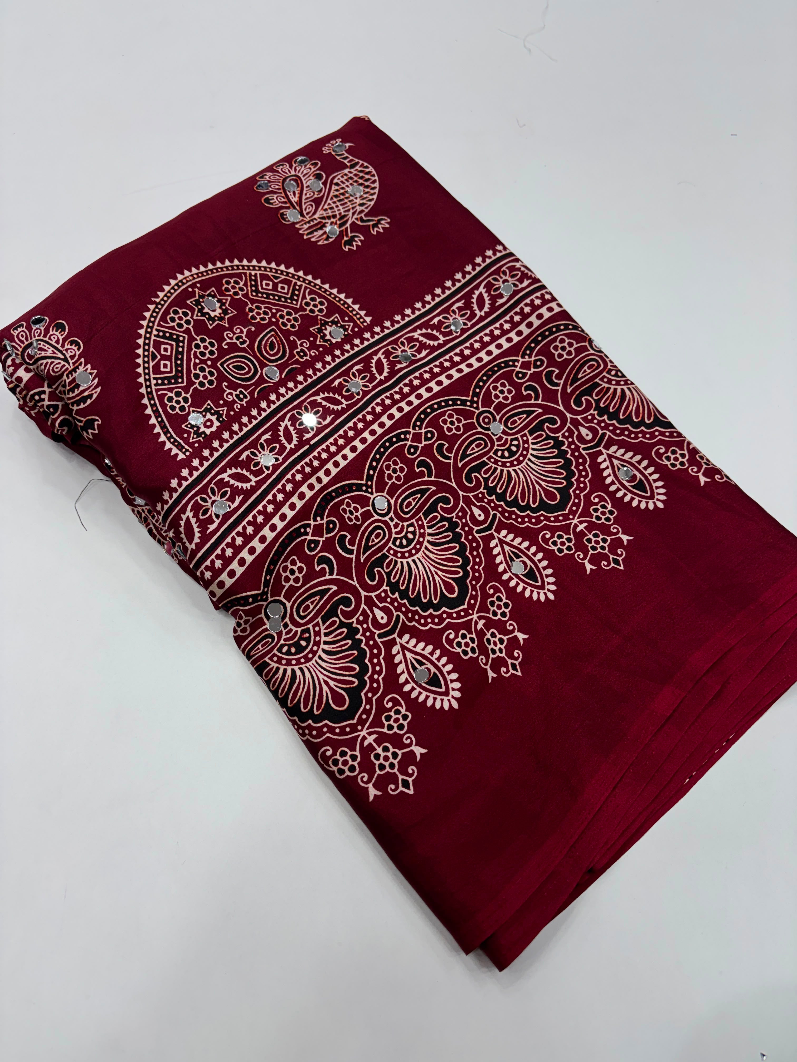 Incomparable Festive Wear Satin Silk Ajrak Printed Rich Pallu n Mirror Work  Fancy Saree