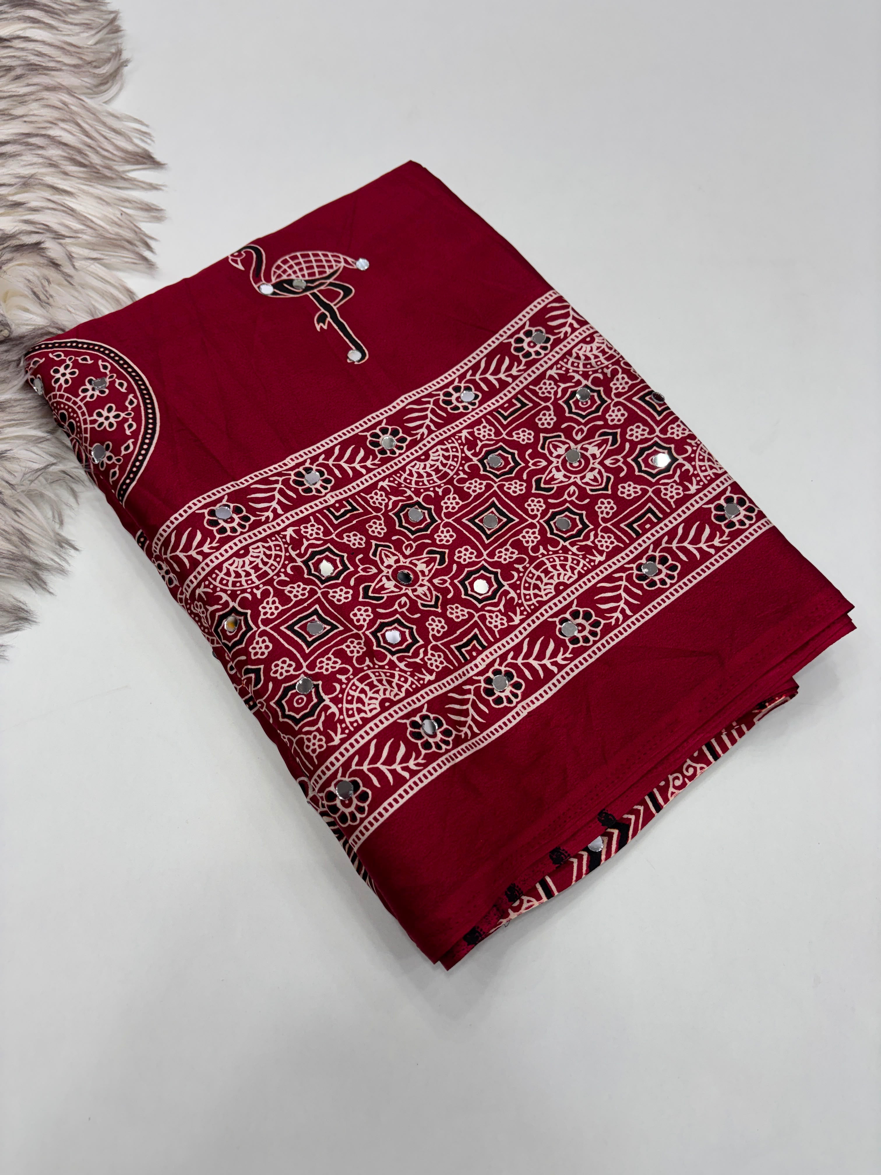 Incomparable Festive Wear Satin Silk Ajrak Printed Rich Pallu n Mirror Work  Fancy Saree