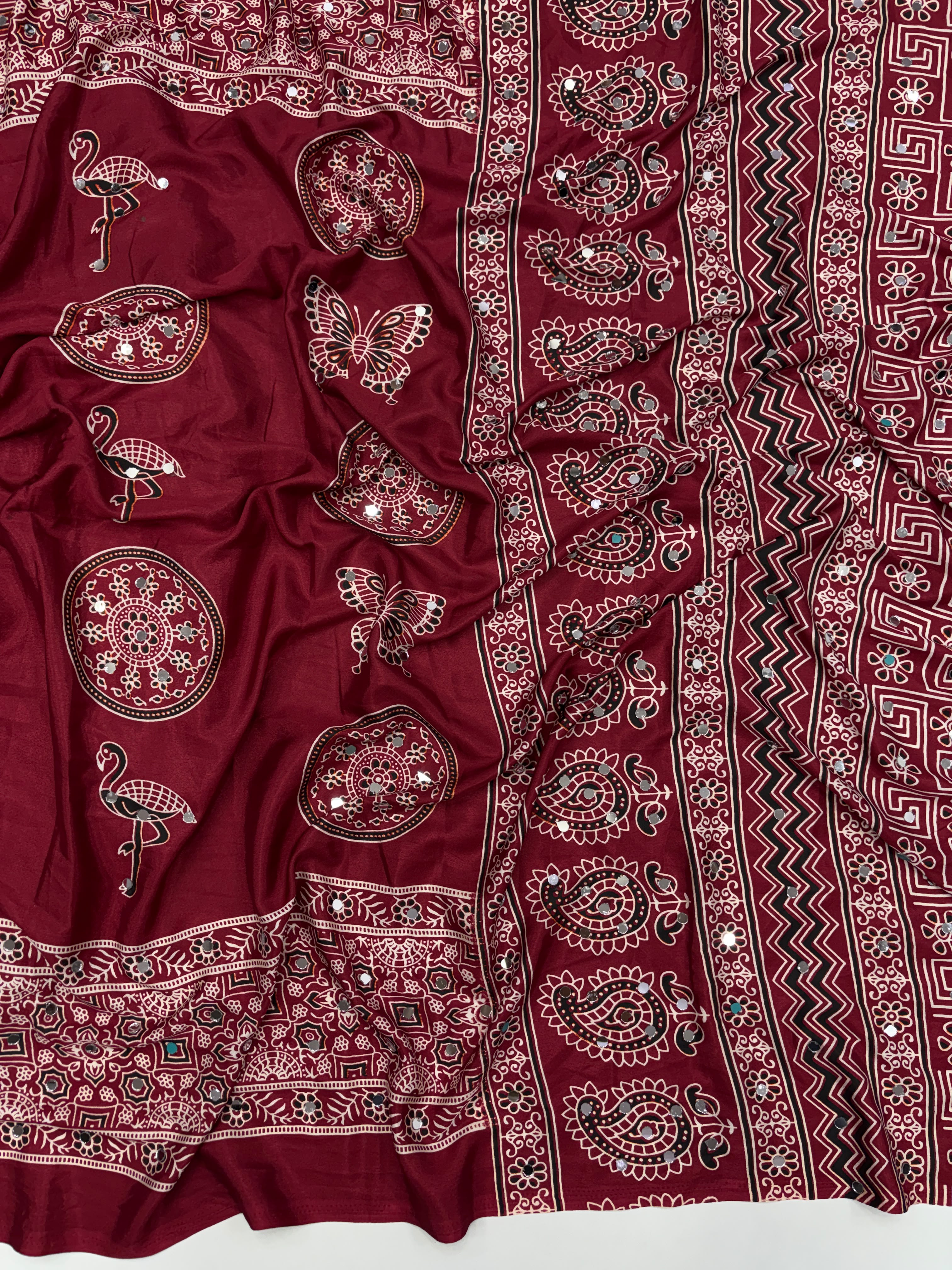 Incomparable Festive Wear Satin Silk Ajrak Printed Rich Pallu n Mirror Work  Fancy Saree