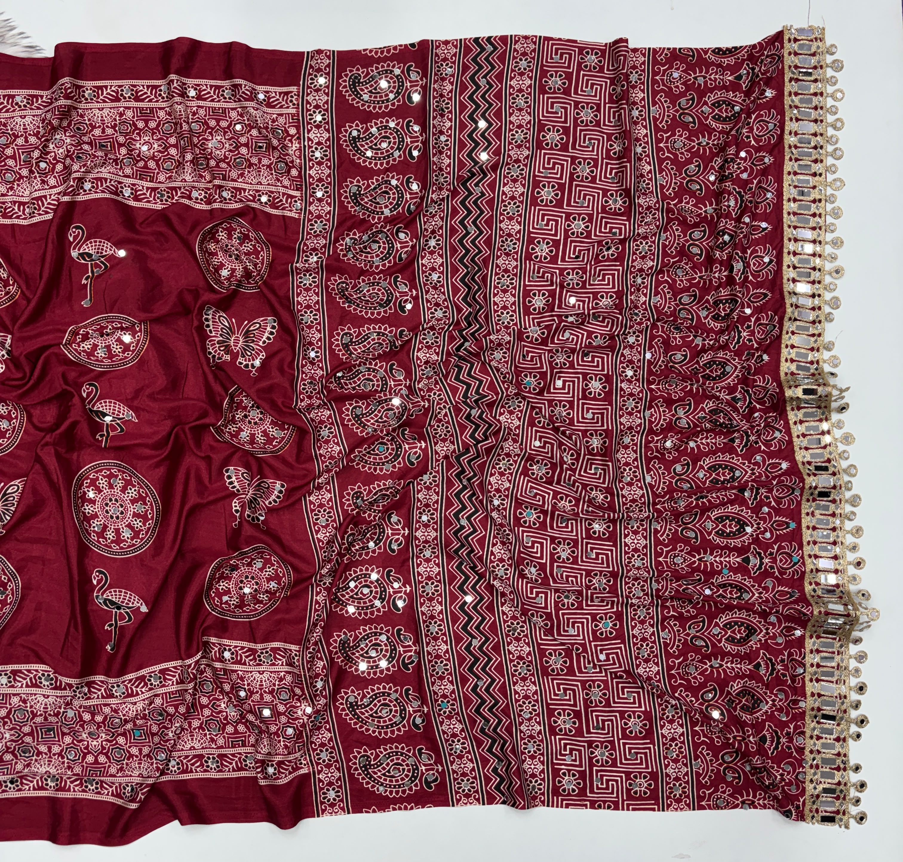Incomparable Festive Wear Satin Silk Ajrak Printed Rich Pallu n Mirror Work  Fancy Saree