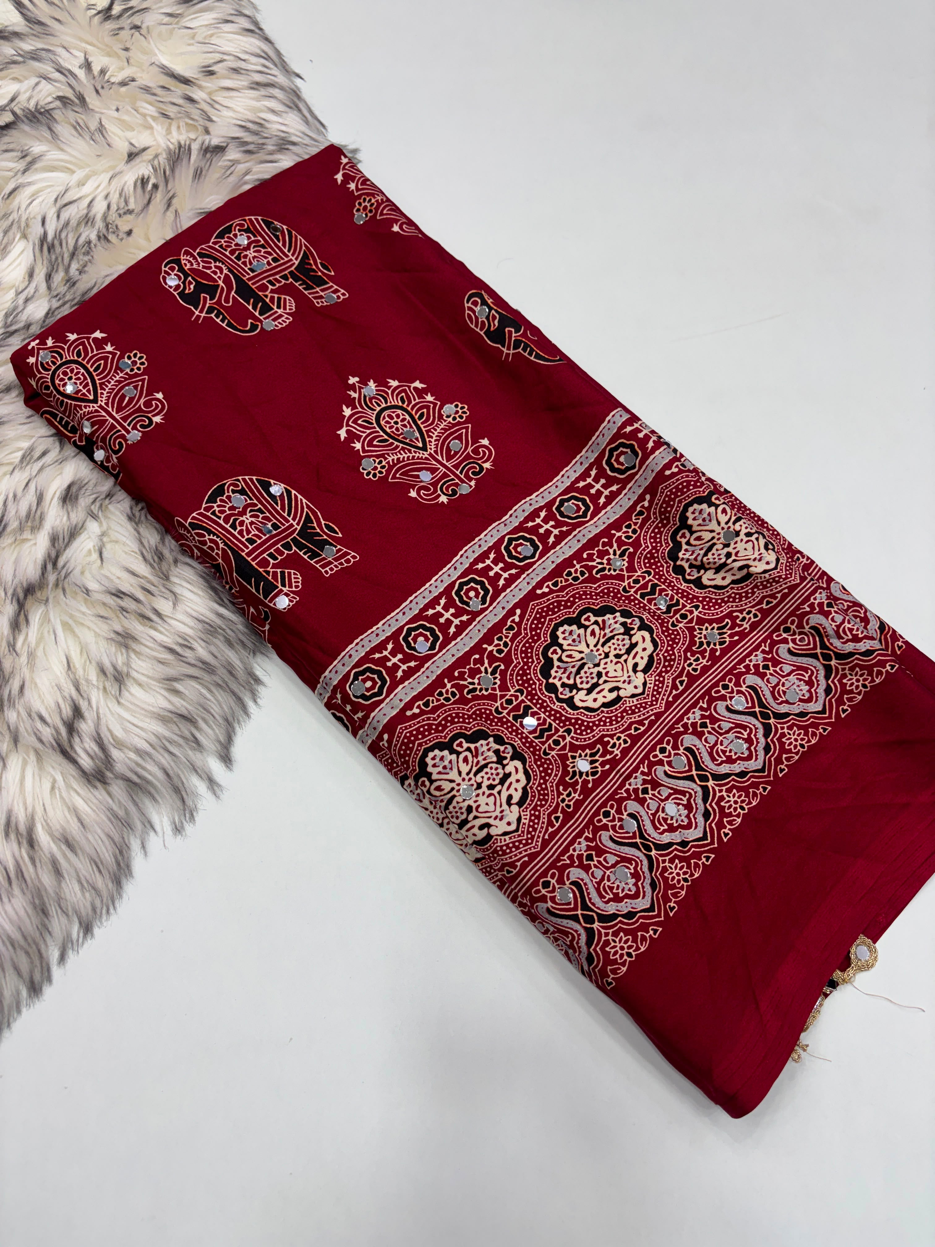 Incomparable Festive Wear Satin Silk Ajrak Printed Rich Pallu n Mirror Work  Fancy Saree
