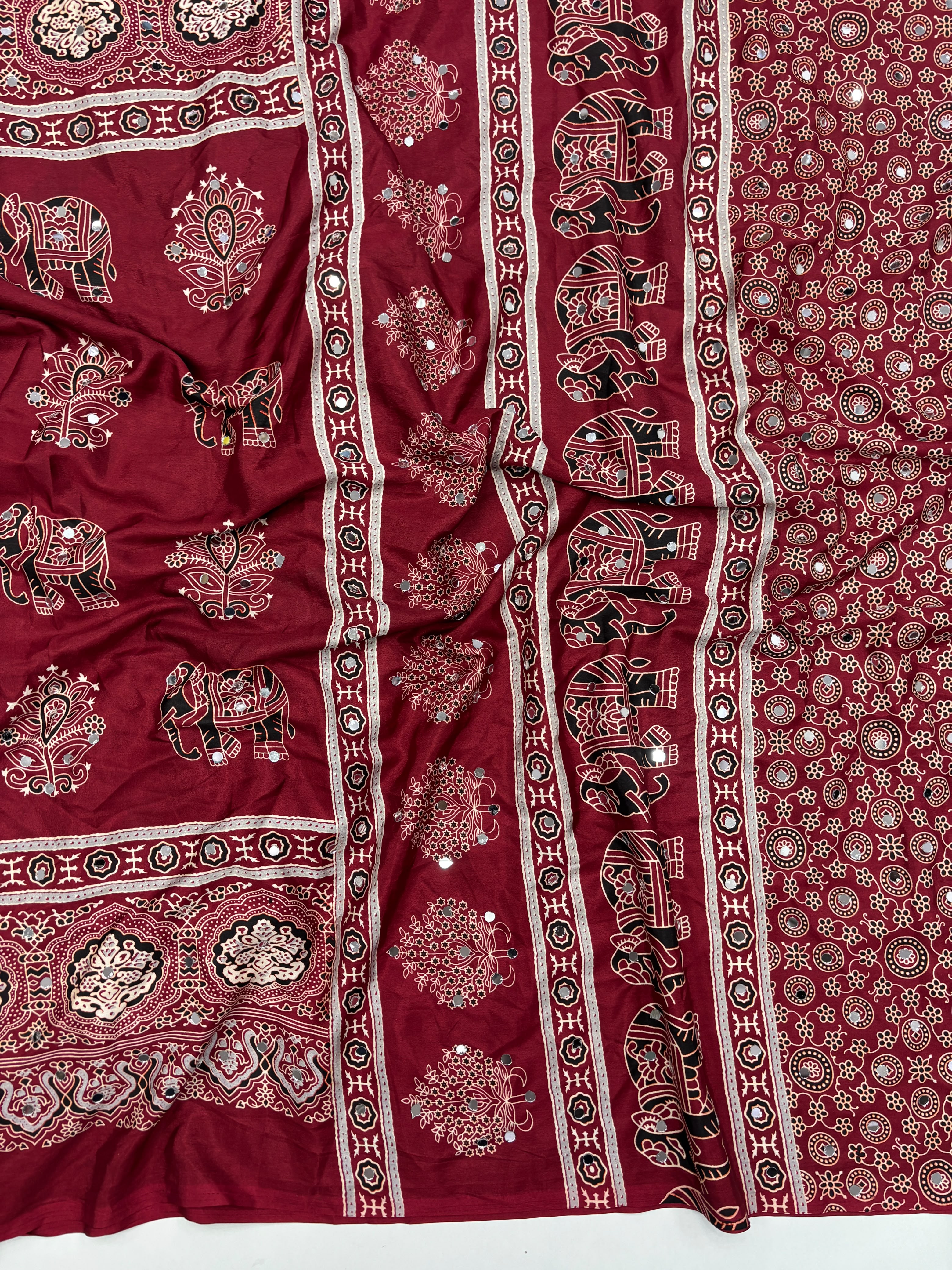 Incomparable Festive Wear Satin Silk Ajrak Printed Rich Pallu n Mirror Work  Fancy Saree