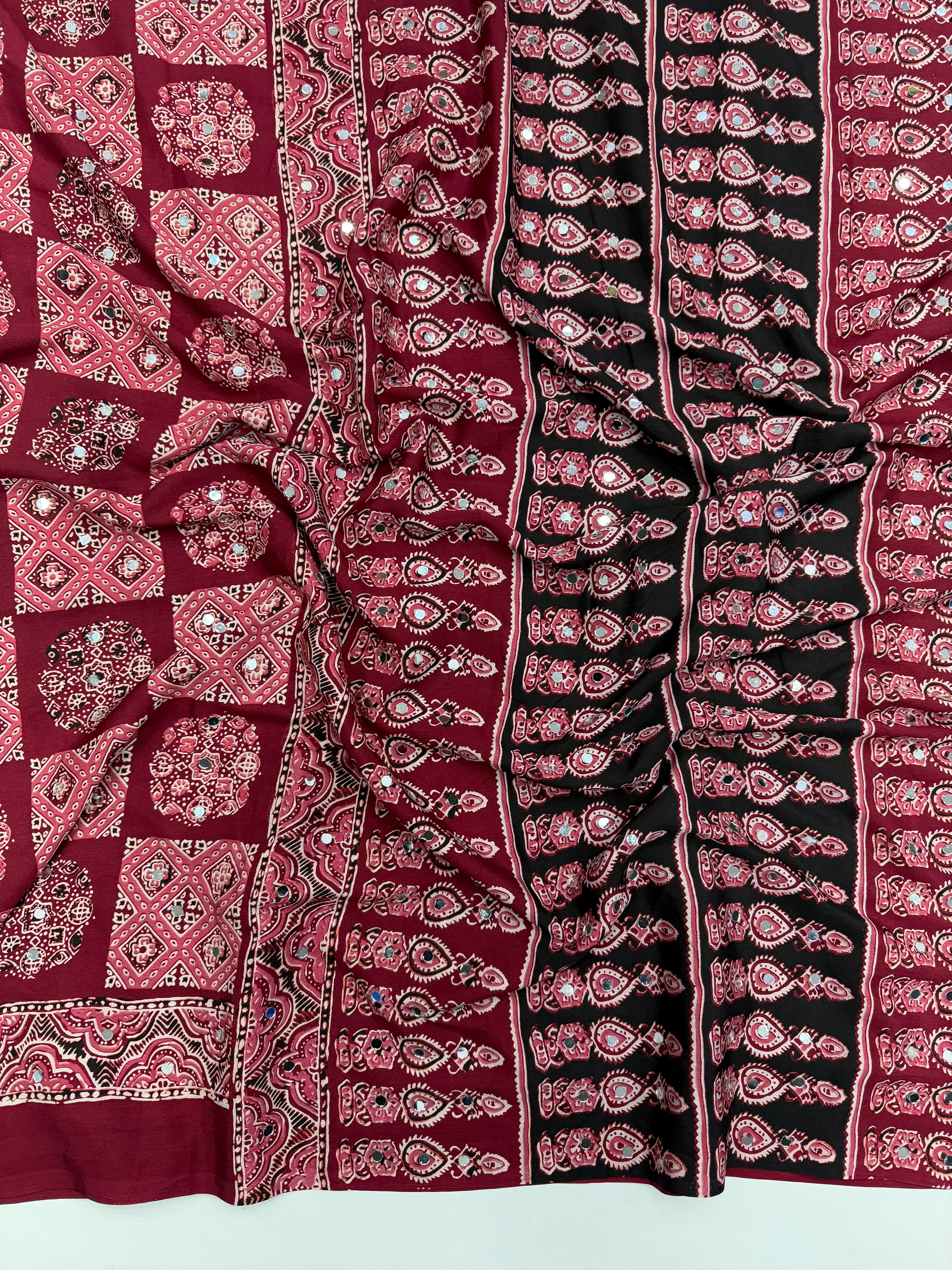 Incomparable Festive Wear Satin Silk Ajrak Printed Rich Pallu n Mirror Work  Fancy Saree