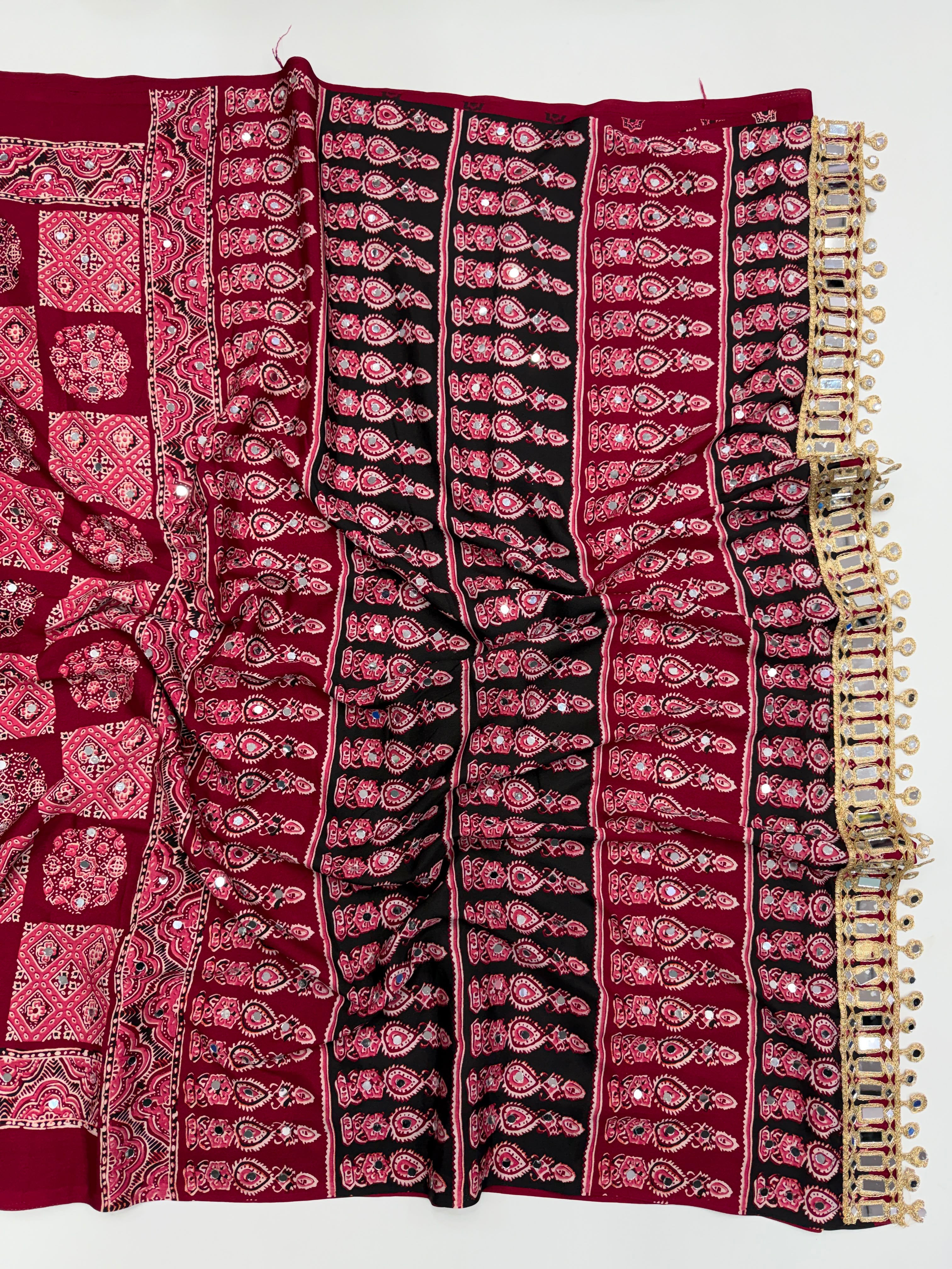 Incomparable Festive Wear Satin Silk Ajrak Printed Rich Pallu n Mirror Work  Fancy Saree