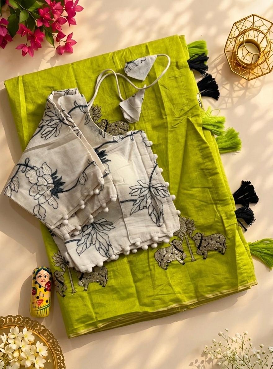 Mellifluous Party Wear Chanderi Cotton Embroidery n Tussels Work Fancy Designer Saree With Stitched Blouse