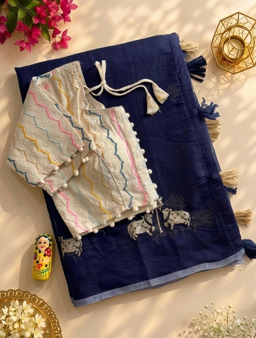 Mellifluous Party Wear Chanderi Cotton Embroidery n Tussels Work Fancy Designer Saree With Stitched Blouse