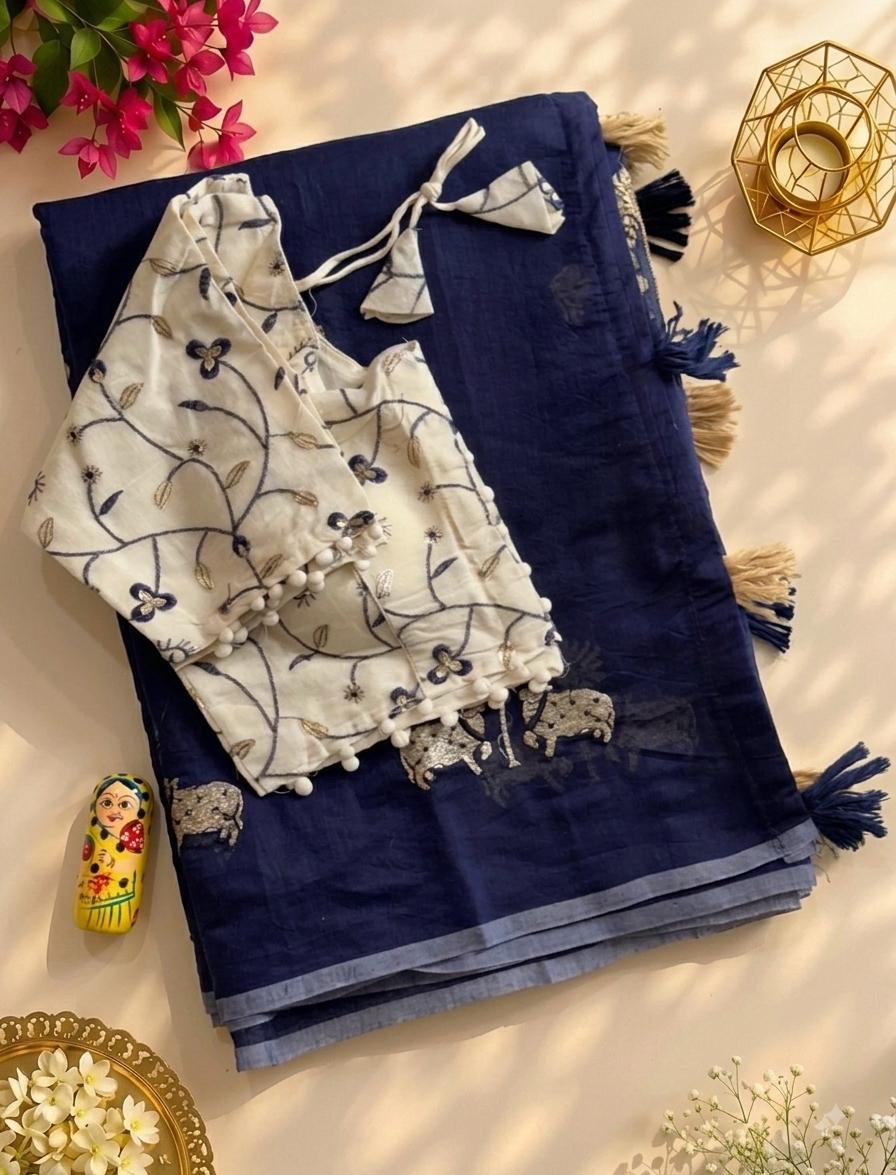 Mellifluous Party Wear Chanderi Cotton Embroidery n Tussels Work Fancy Designer Saree With Stitched Blouse