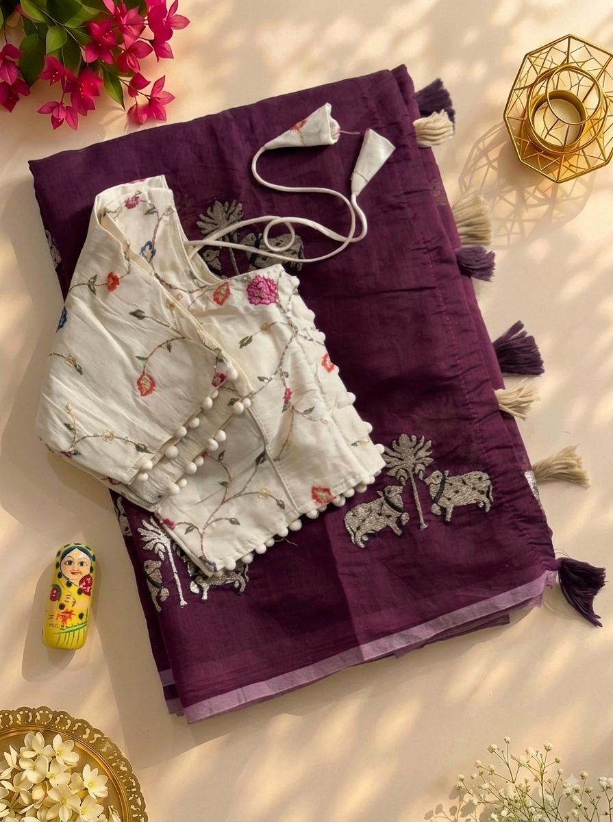 Mellifluous Party Wear Chanderi Cotton Embroidery n Tussels Work Fancy Designer Saree With Stitched Blouse