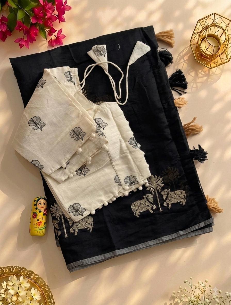 Mellifluous Party Wear Chanderi Cotton Embroidery n Tussels Work Fancy Designer Saree With Stitched Blouse