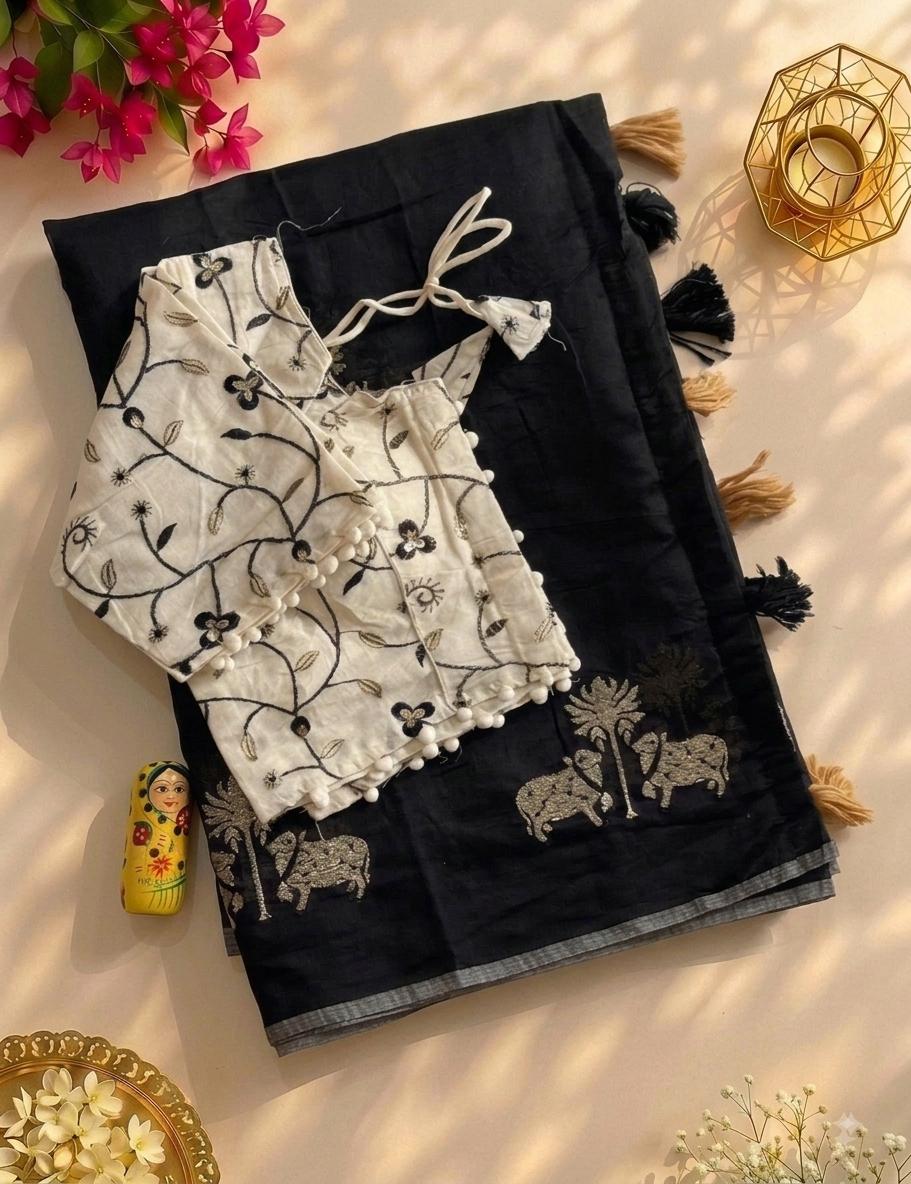 Mellifluous Party Wear Chanderi Cotton Embroidery n Tussels Work Fancy Designer Saree With Stitched Blouse