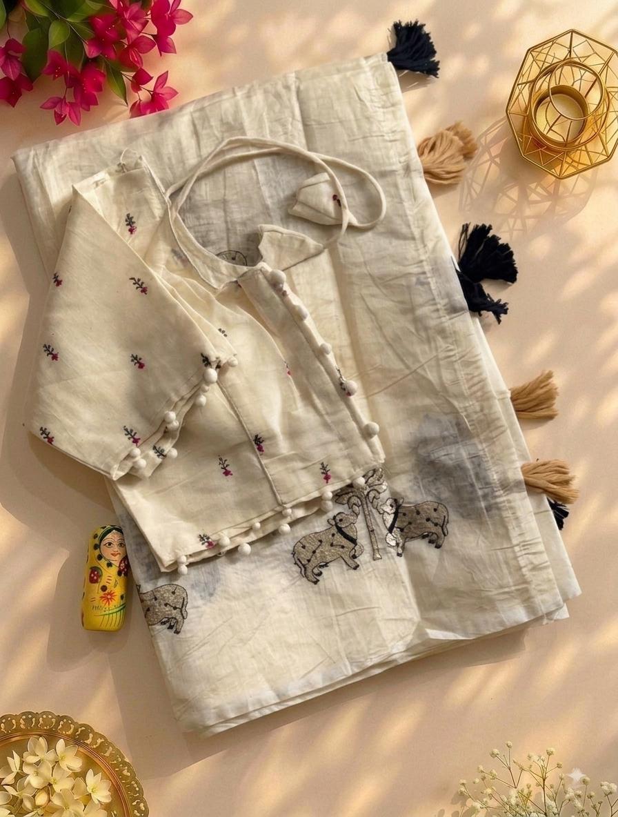 Mellifluous Party Wear Chanderi Cotton Embroidery n Tussels Work Fancy Designer Saree With Stitched Blouse