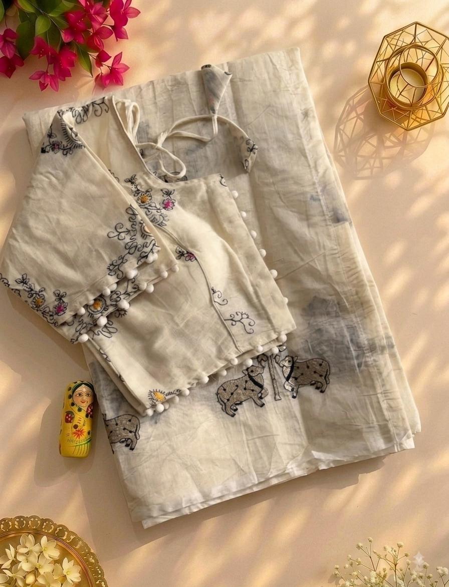 Mellifluous Party Wear Chanderi Cotton Embroidery n Tussels Work Fancy Designer Saree With Stitched Blouse