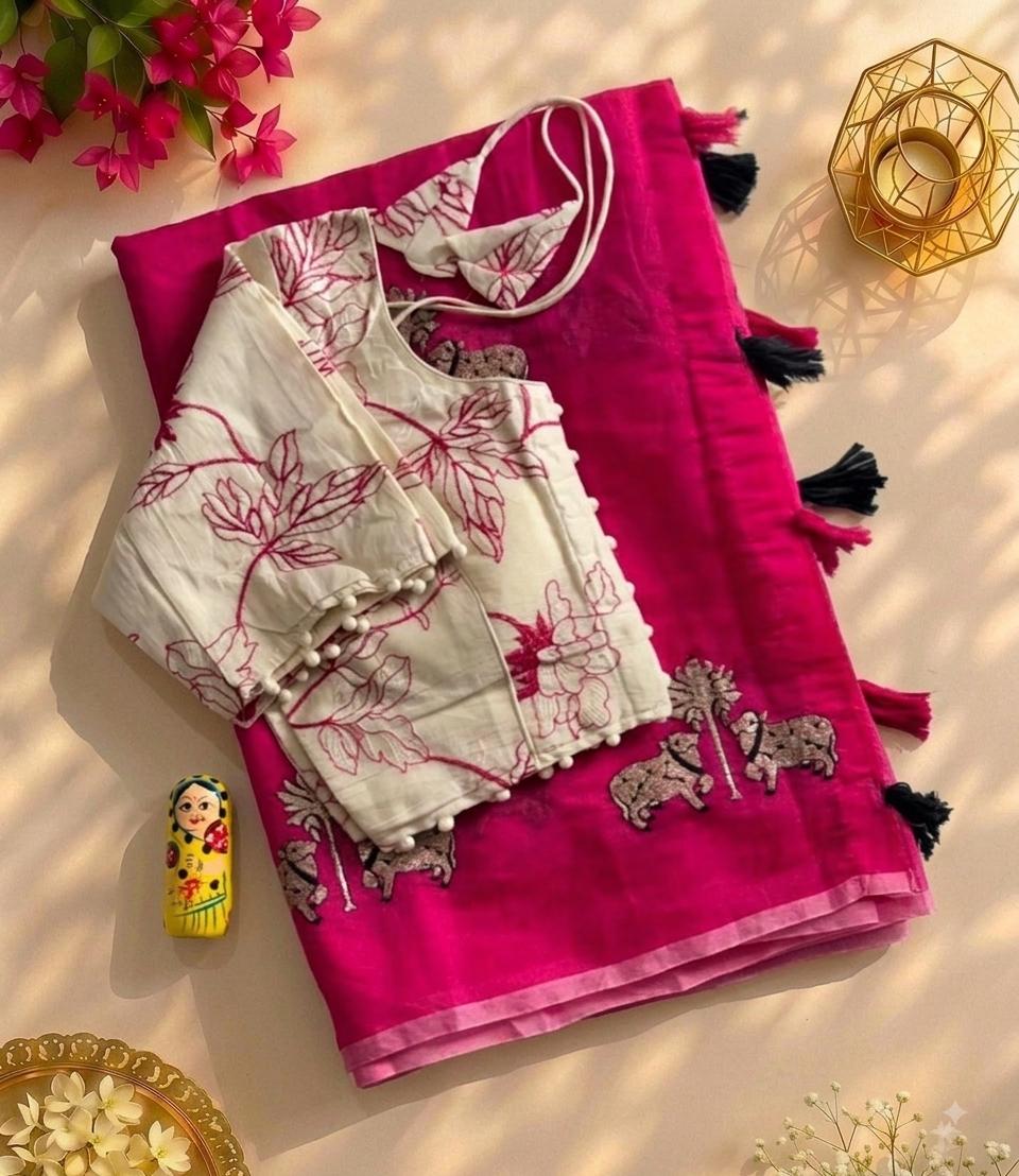 Mellifluous Party Wear Chanderi Cotton Embroidery n Tussels Work Fancy Designer Saree With Stitched Blouse