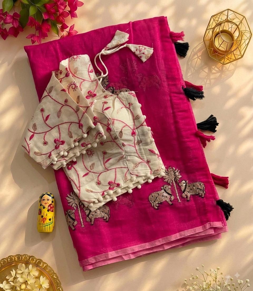 Mellifluous Party Wear Chanderi Cotton Embroidery n Tussels Work Fancy Designer Saree With Stitched Blouse
